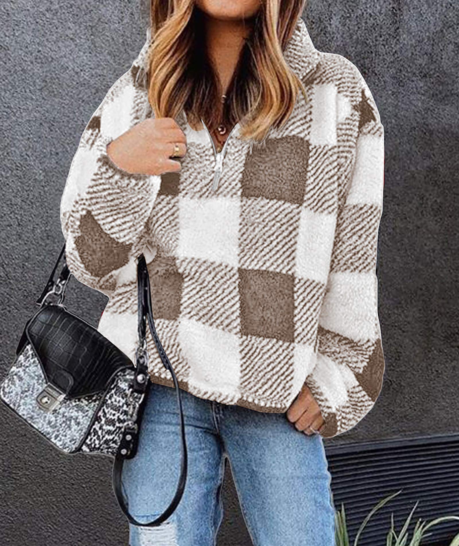 BTFBM Womens Sweatshirt Sherpa Quarter Zip Pullover Fall Winter Long Sleeve Fleece Sweaters Hoodies Sweatshirts Clothes