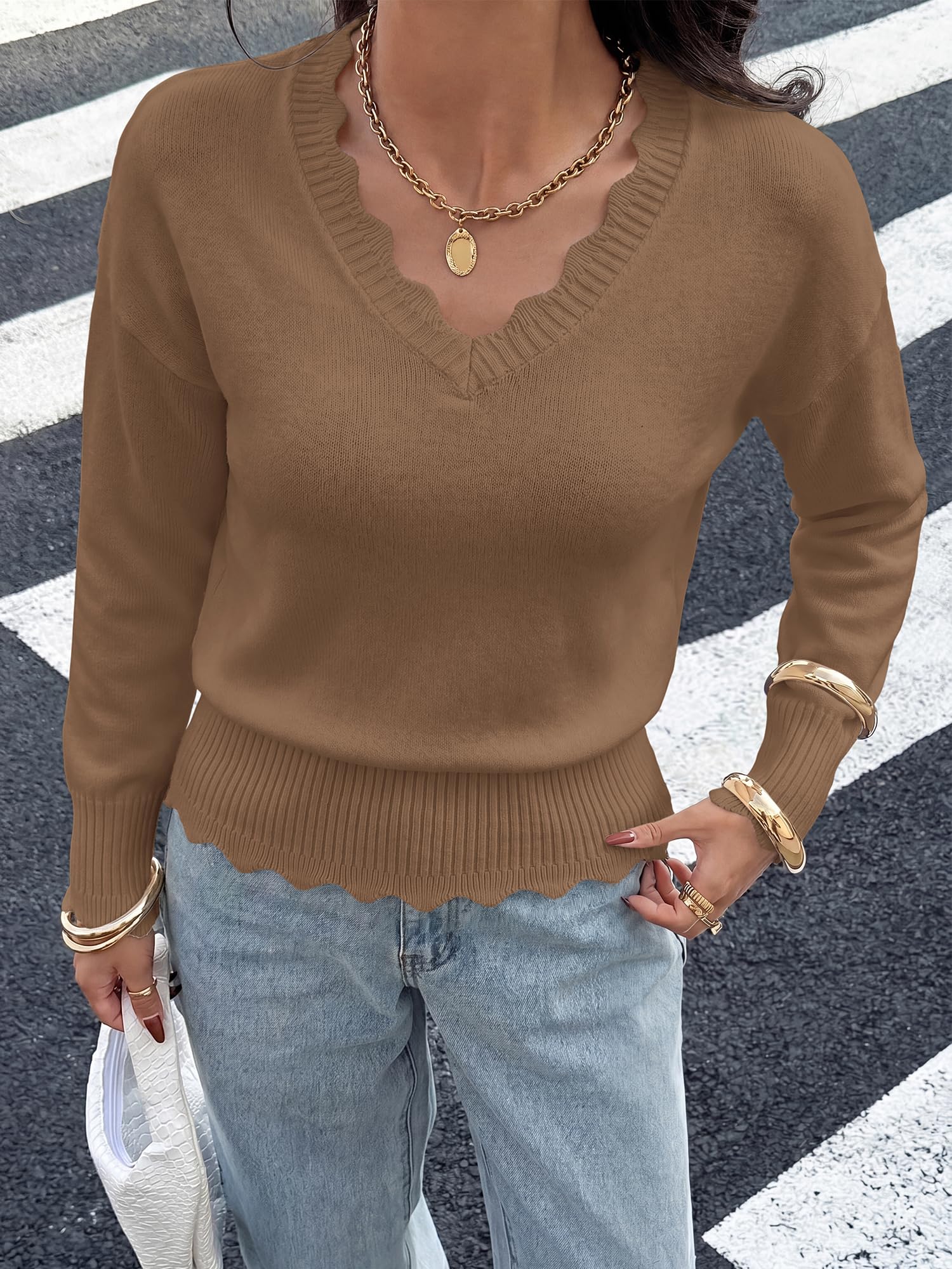 BTFBM Fall Long Sleeve Sweaters for Women | V Neck,Drop Shoulders,Scallop Edges,Lightweight Knit Sweaters Top,Daily Wear,Holiday,Christmas,Winter Clothing