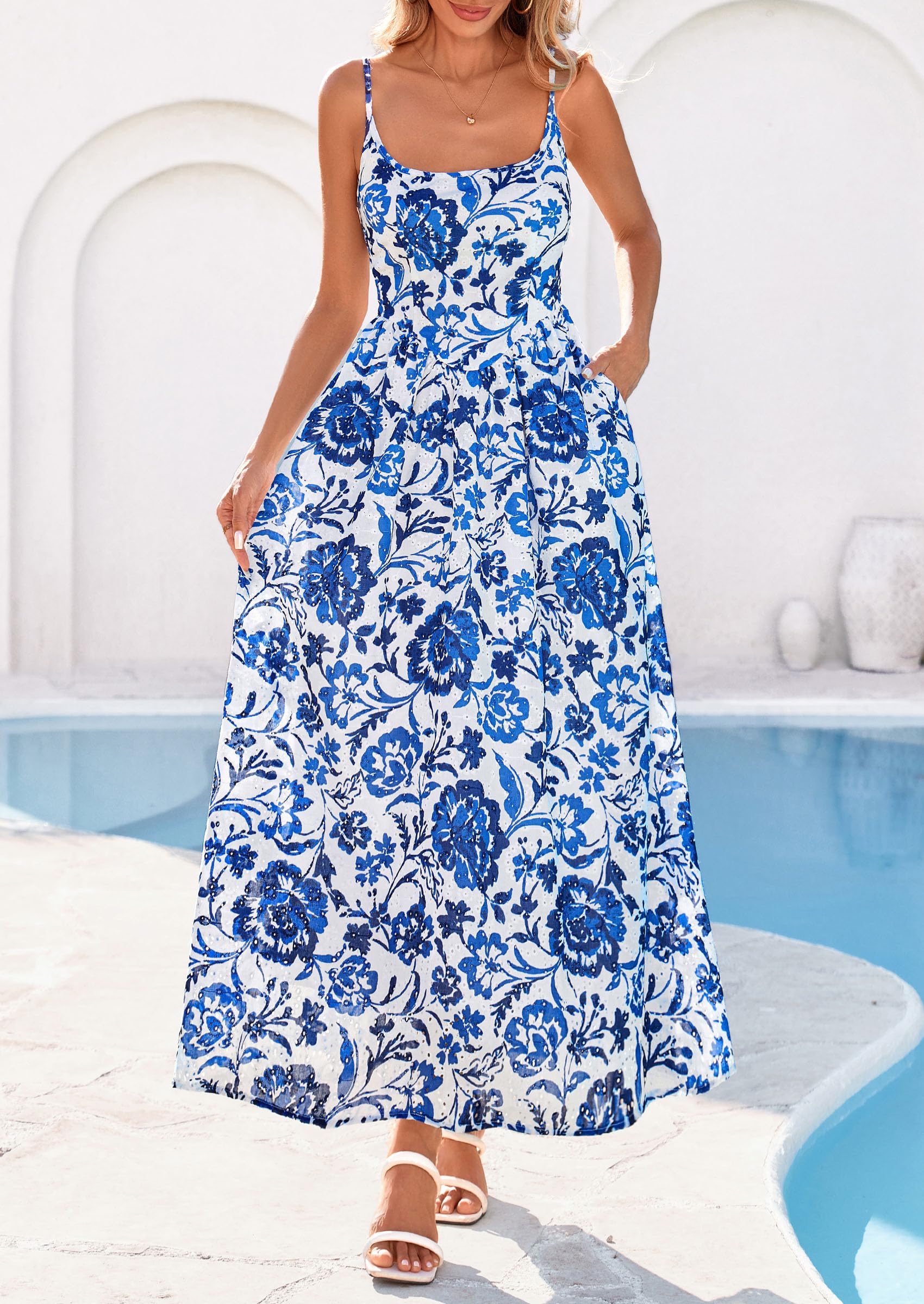 PRETTYGARDEN Womens Spring Boho Maxi Dress Eyelet Floral Long Flowy Sundresses Summer Beach Vacation Clothes