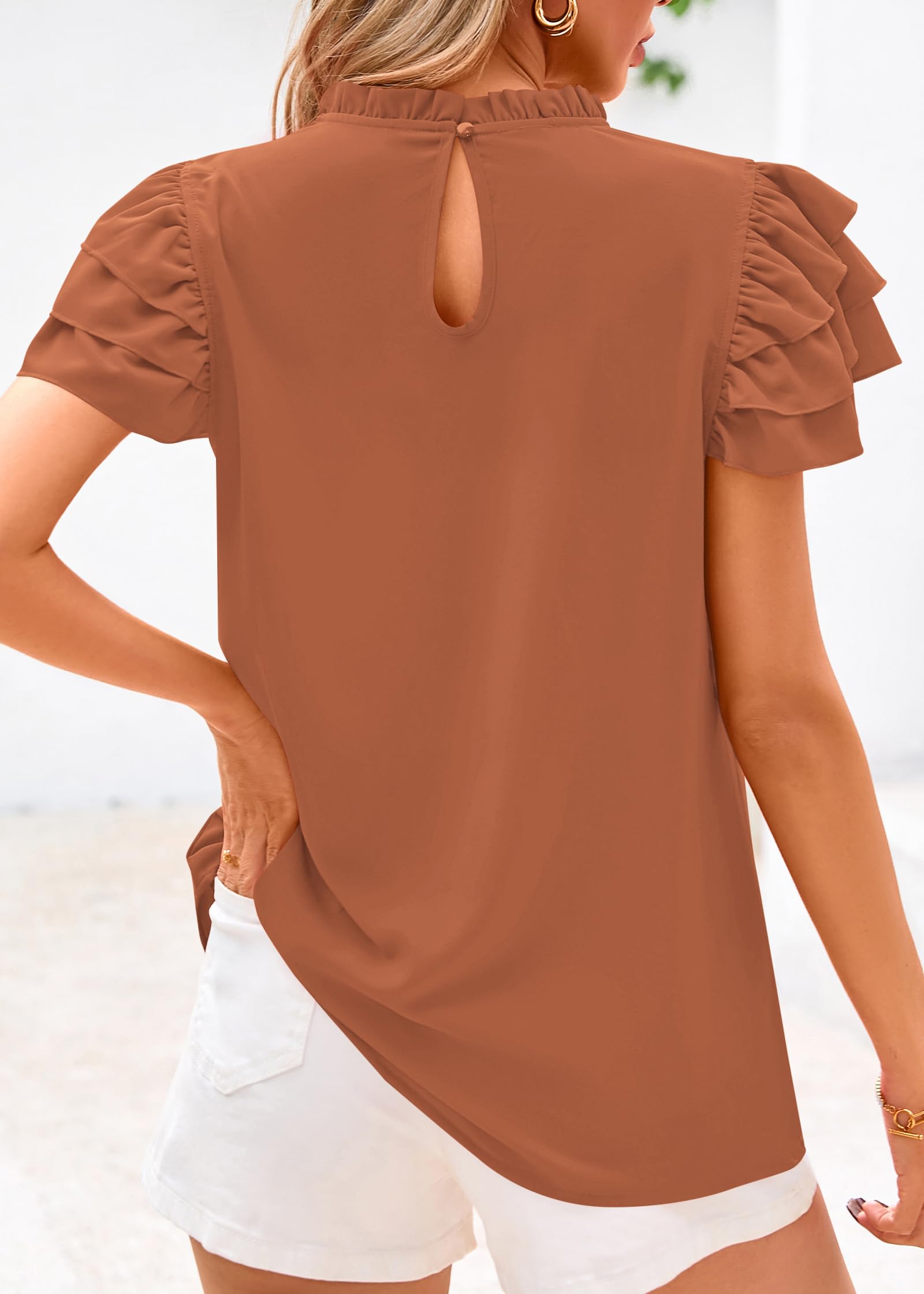 FreshPretty Blouses for Women Dressy Casual Spring Summer Ruffle Short Sleeve Mock Neck Work Shirts Tops Fashion Clothing