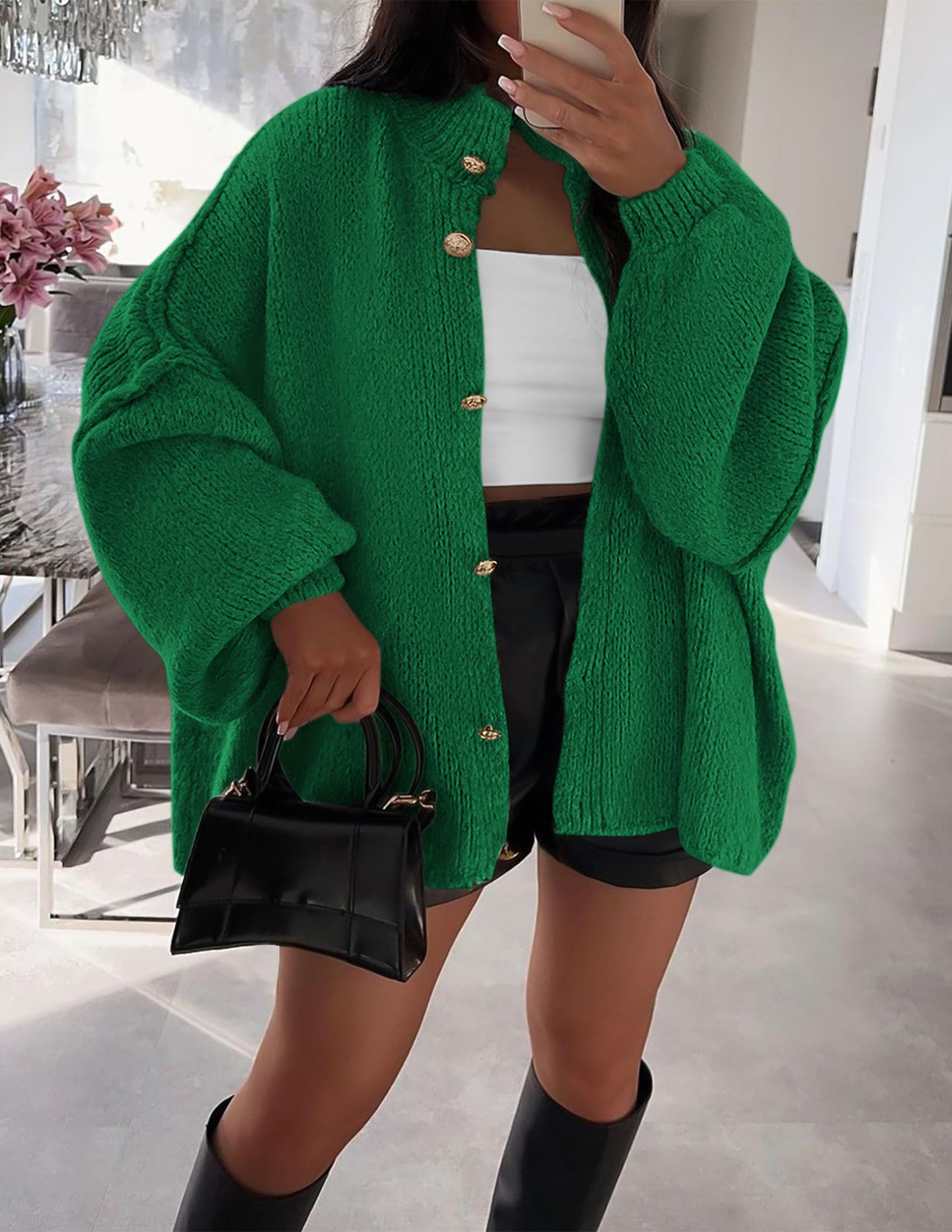 PRETTYGARDEN Women's Winter Button Down Cardigan Sweaters Mock Neck Lantern Long Sleeve Chunky Knit Jacket Trendy Outerwear