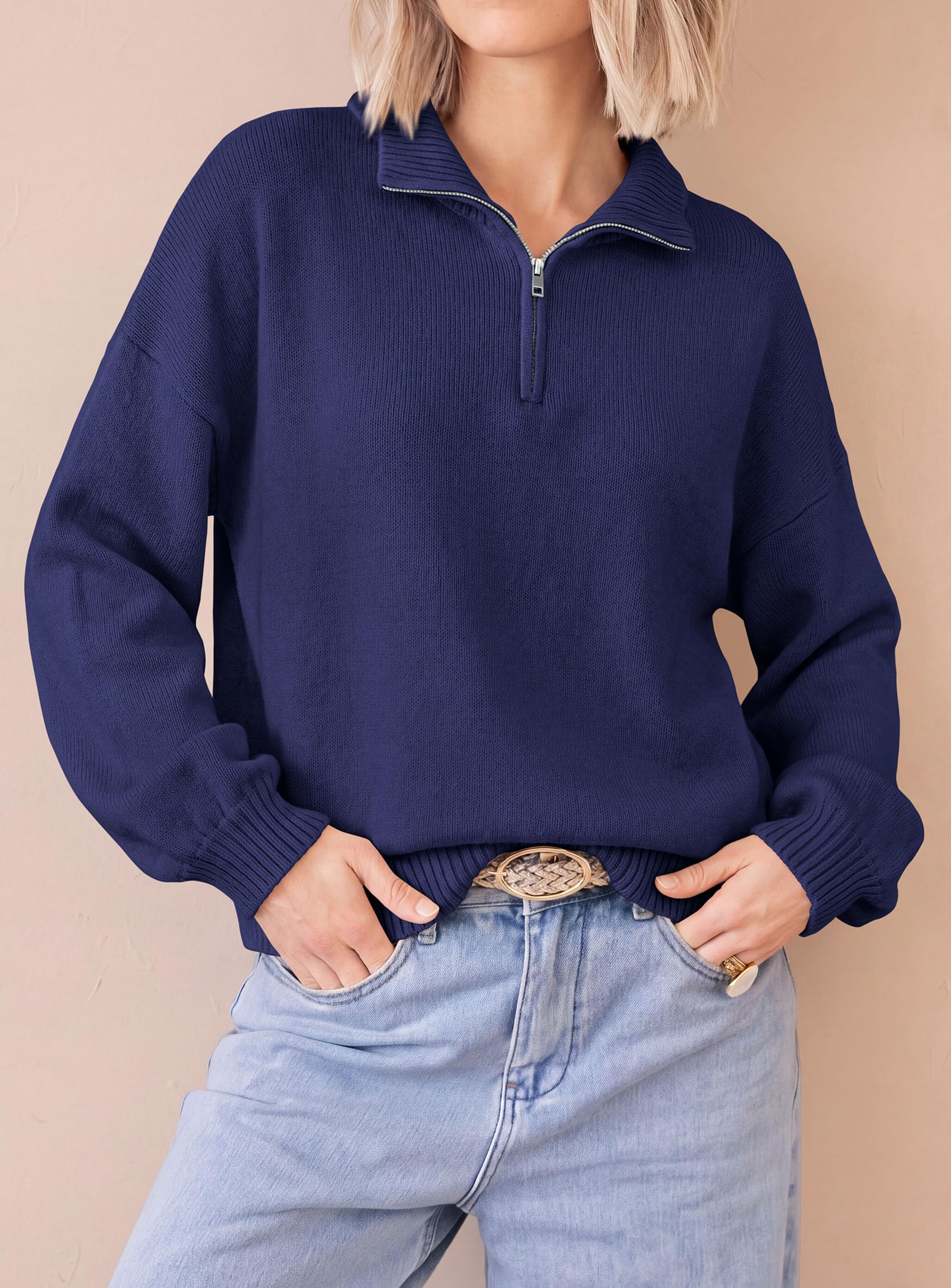 PRETTYGARDEN Women's Quarter Zip Pullover Oversized Sweaters Collared Neck, Long Balloon Sleeve, Jumper Tops, Soft Cozy Knit, Ribbed Hem, Loose Fit, Fall Outfits, Winter Fashion Clothing