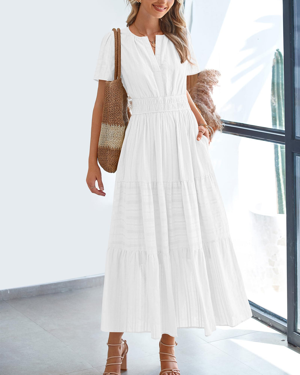 BTFBM Womens Summer Casual Midi Maxi Dresses Lightweight Short Sleeve V Neck Elastic Waist Boho Beach Dress Pockets