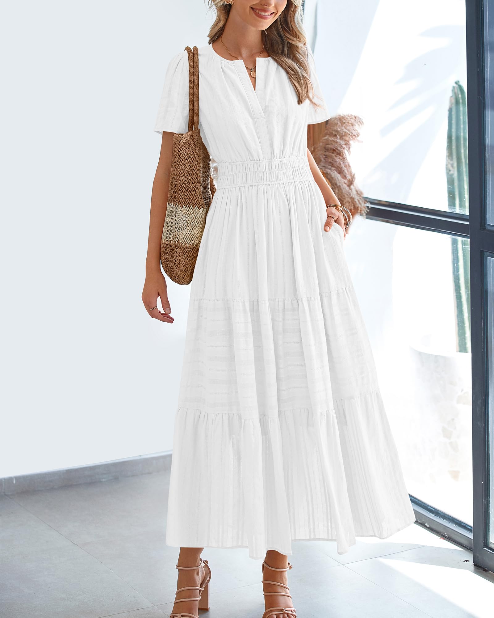 BTFBM Womens Summer Casual Midi Maxi Dresses Lightweight Short Sleeve V Neck Elastic Waist Boho Beach Dress Pockets