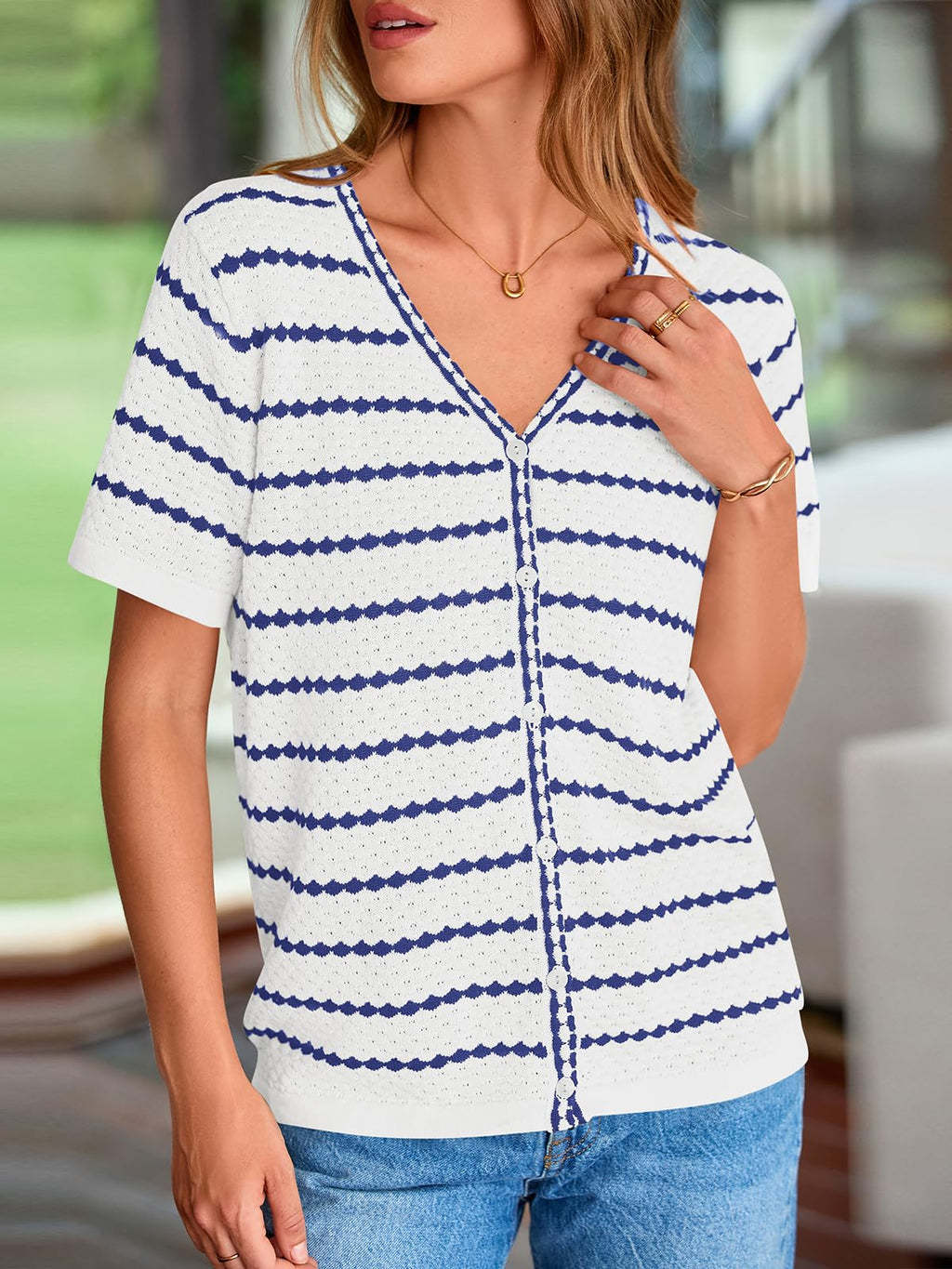FreshPretty Women's Short Sleeve Sweater Spring Summer Crochet Knit Tops V Neck Striped Button Down Dressy Casual Blouses