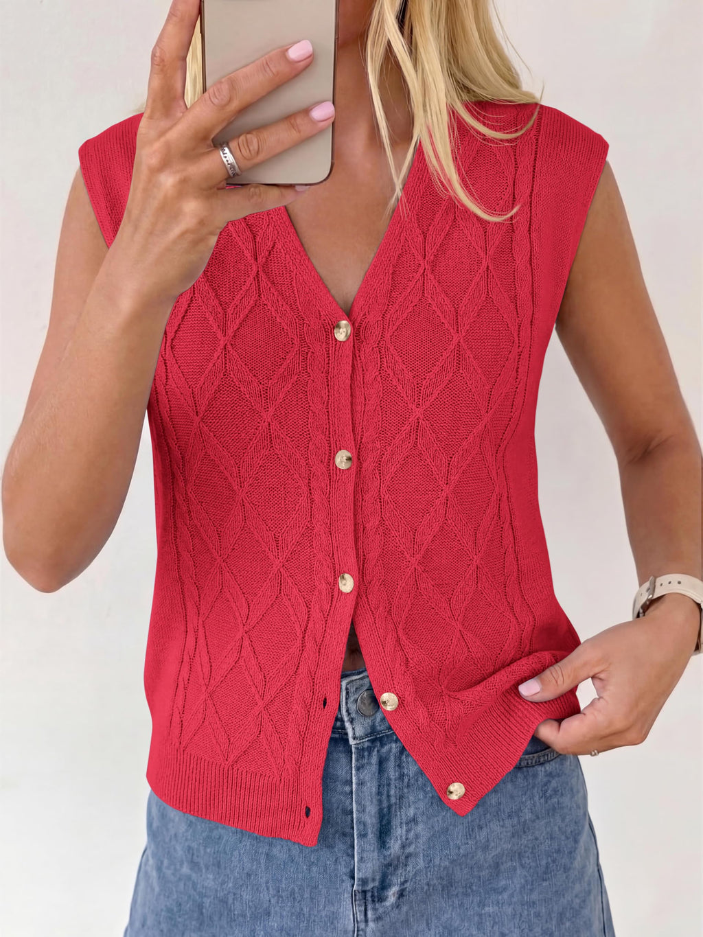 BTFBM Vest Tops for Women Summer V Neck Button Loose Lightweight Cardigan Knit Cap Sleeve Sweater Vests Fashion Clothing