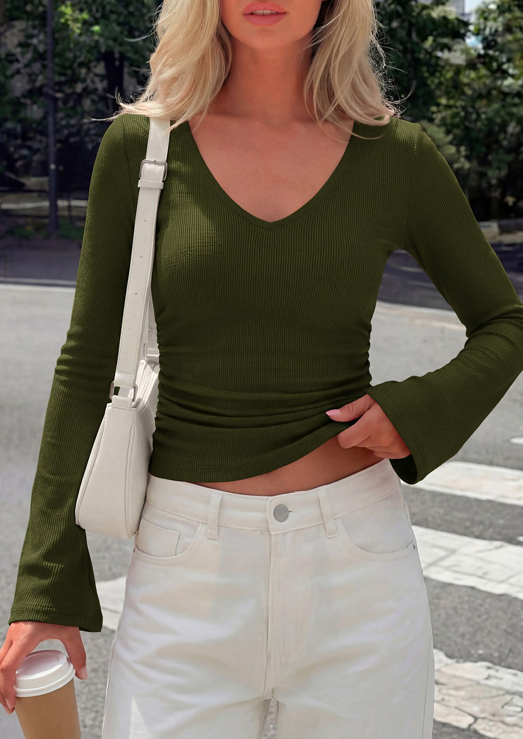PRETTYGARDEN Women's Fall Trendy Bell Long Sleeve Tops | Soft Stretchy,Ribbed Textured,V Neck,Slim Fitted Shirts,Ruched Basic Tees,Y2K Going Out,Casual Outfits,Fashion Clothing
