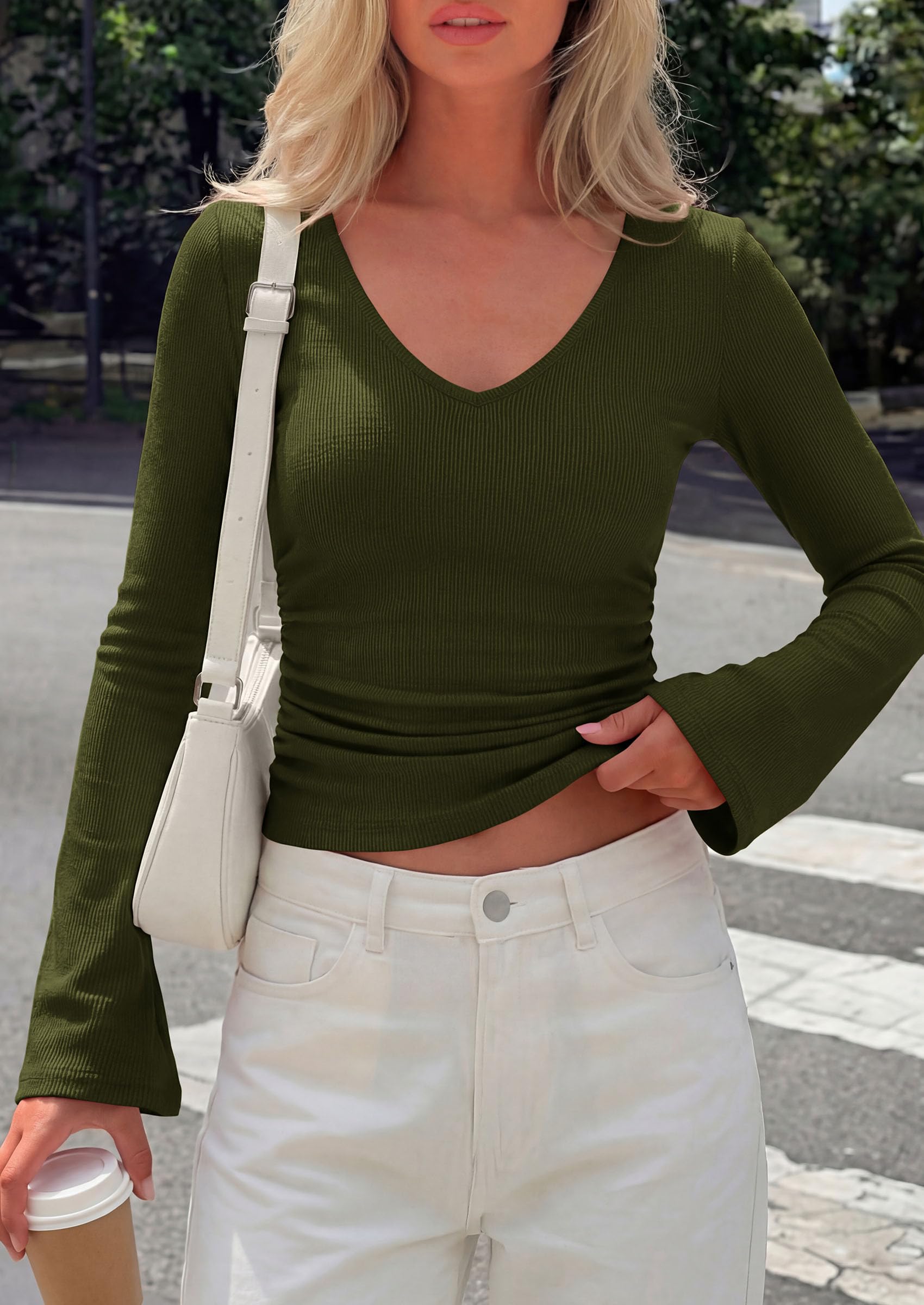 PRETTYGARDEN Women's Fall Trendy Bell Long Sleeve Tops | Soft Stretchy,Ribbed Textured,V Neck,Slim Fitted Shirts,Ruched Basic Tees,Y2K Going Out,Casual Outfits,Fashion Clothing