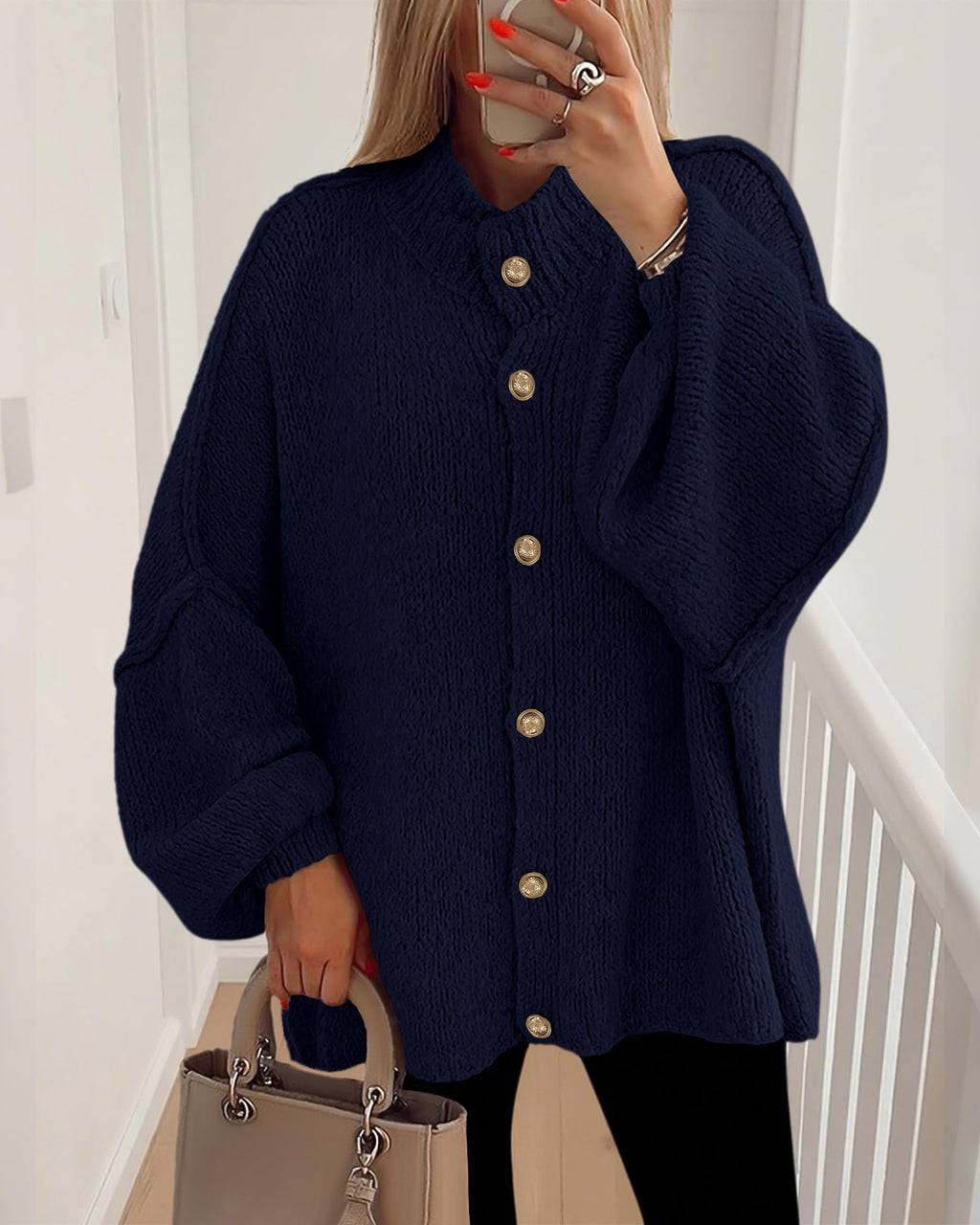 FreshPretty Cardigan Sweaters for Women Fall Clothes Lantern Long Sleeve Button Open Front Chunky Knit Oversized Sweater