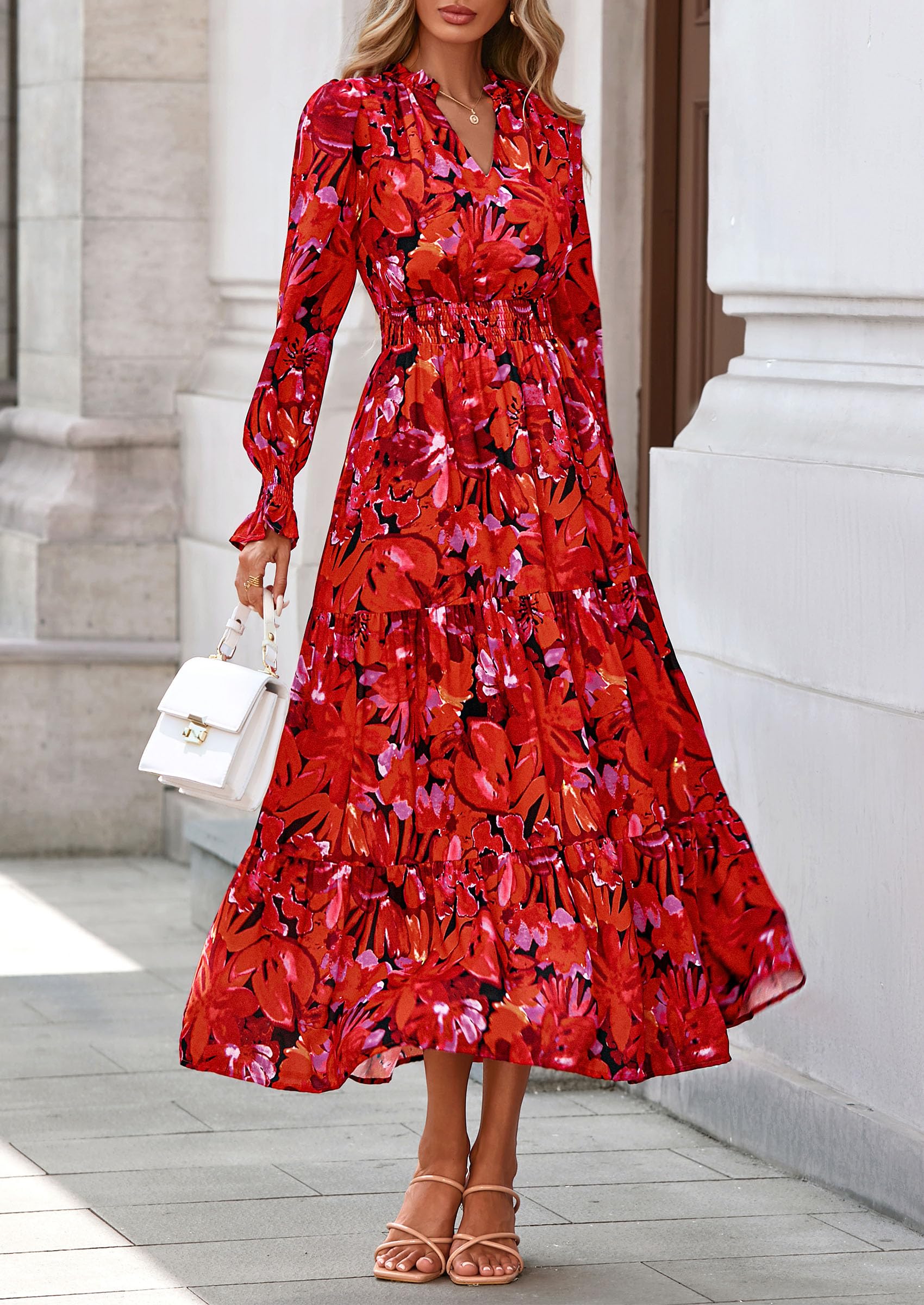 PRETTYGARDEN Women's Floral Maxi Dress Fall Long Sleeve V Neck Casual A Line Long Flowy Boho Party Dresses