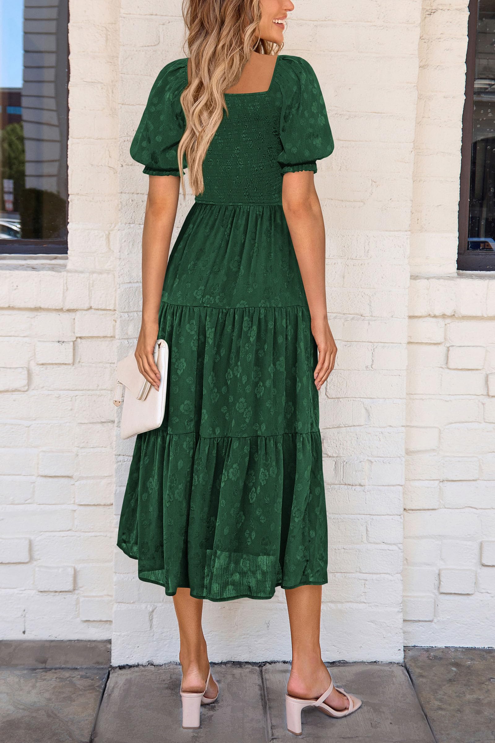PRETTYGARDEN Women's Summer Casual Midi Dresses Square Neck Short Sleeve Smocked A Line Floral Flowy Elegant Boho Dress
