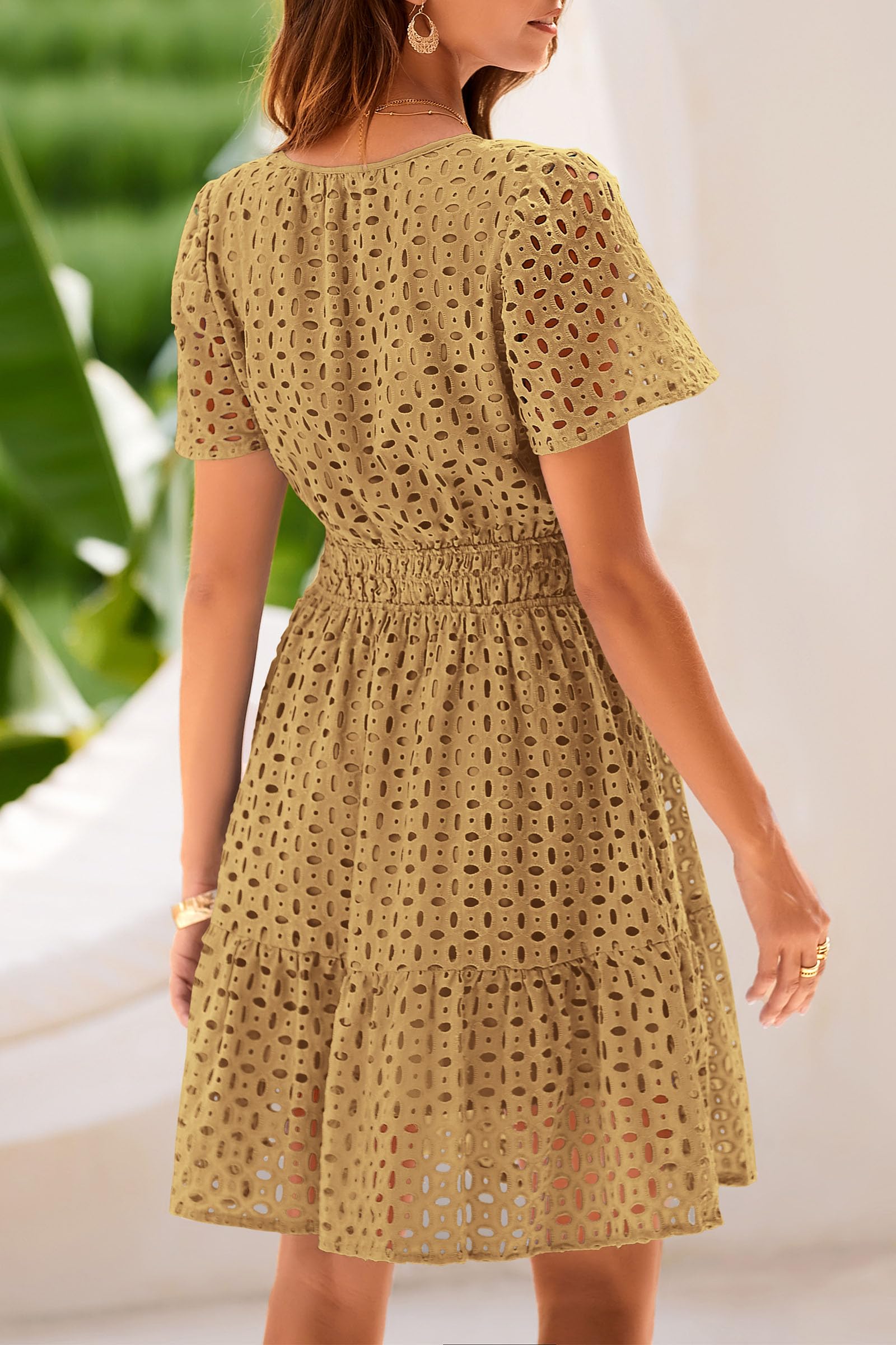 PRETTYGARDEN Womens Summer Short Dress V Neck Short Sleeve A Line Hollow Out Lace Ruffle Cute Casual Beach Party Dresses