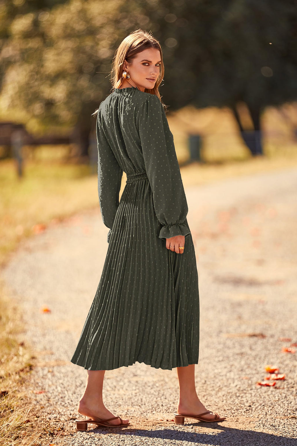 PRETTYGARDEN Women's Spring Fall Midi Dress Casual Long Sleeve V Neck Swiss Dot Pleated A Line Flowy Dresses