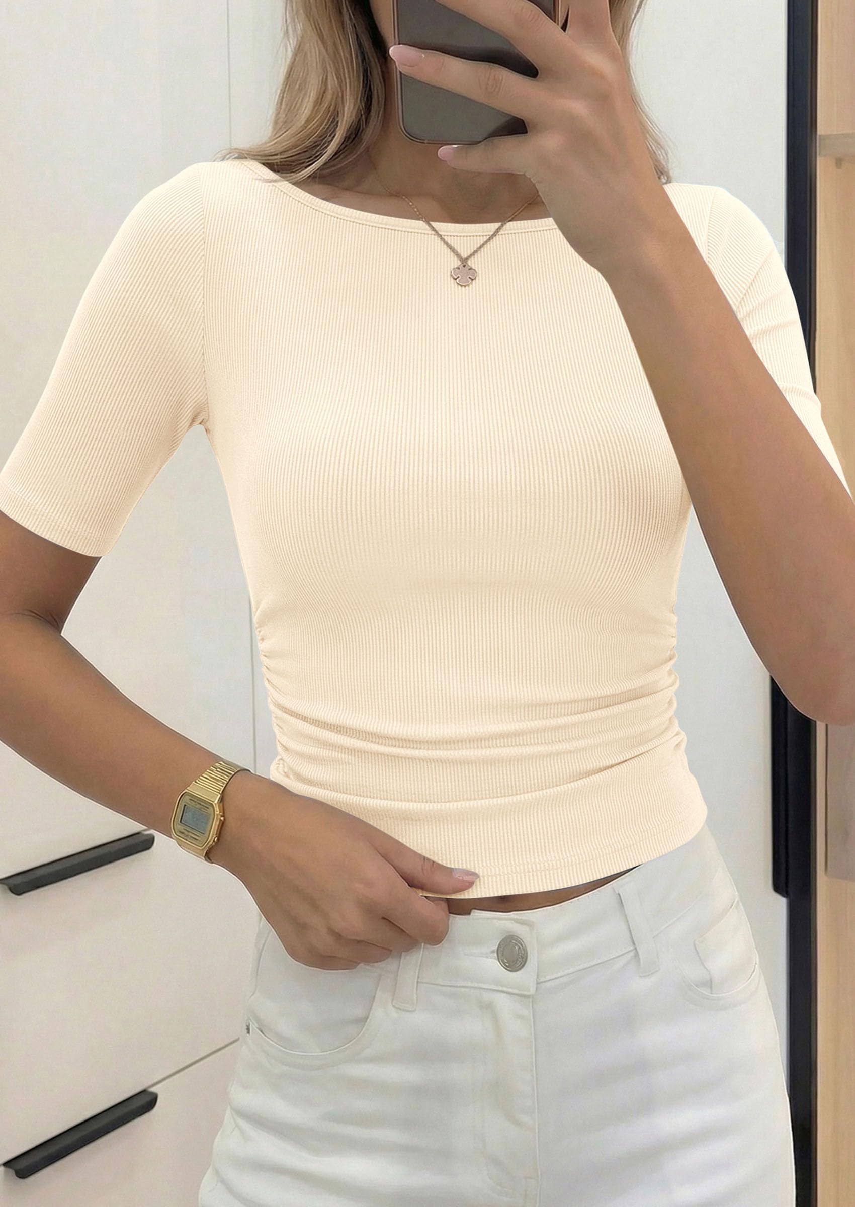 PRETTYGARDEN Womens Summer Short Sleeve Tops Boat Neck Ribbed Knit Slim Fit T Shirt Casual Basic Top Spring Clothes