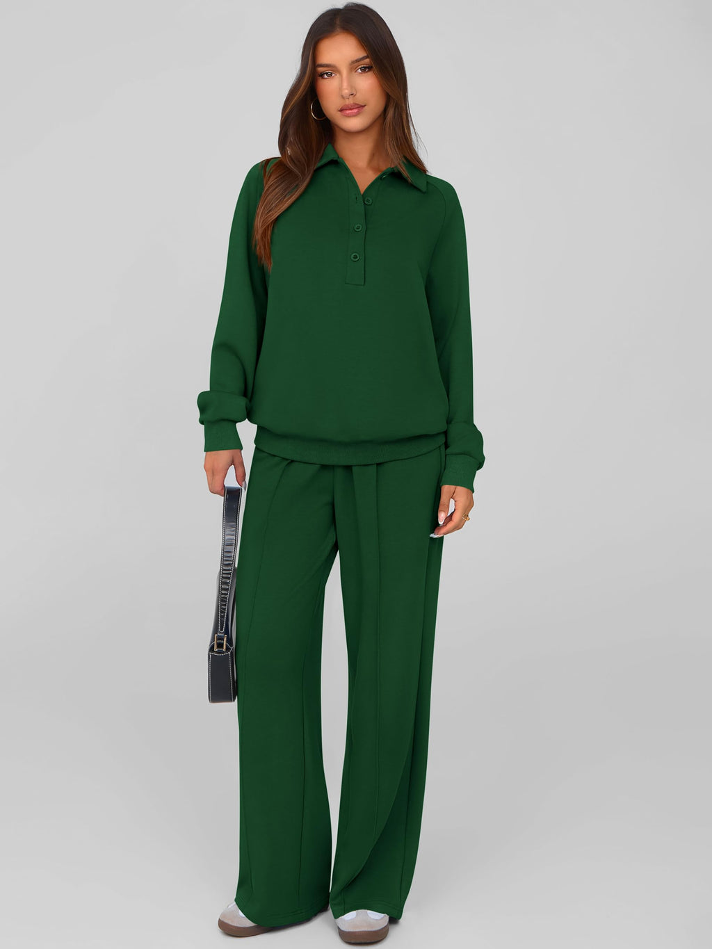 PRETTYGARDEN Women Fall 2 Piece Outfits Sweatsuits Lounge Sets Quarter Button Long Sleeve Sweatshirt, Wide Leg Sweat Pants, Casual 2 Piece Sets Tracksuit, Airport Travel Outfits for Women