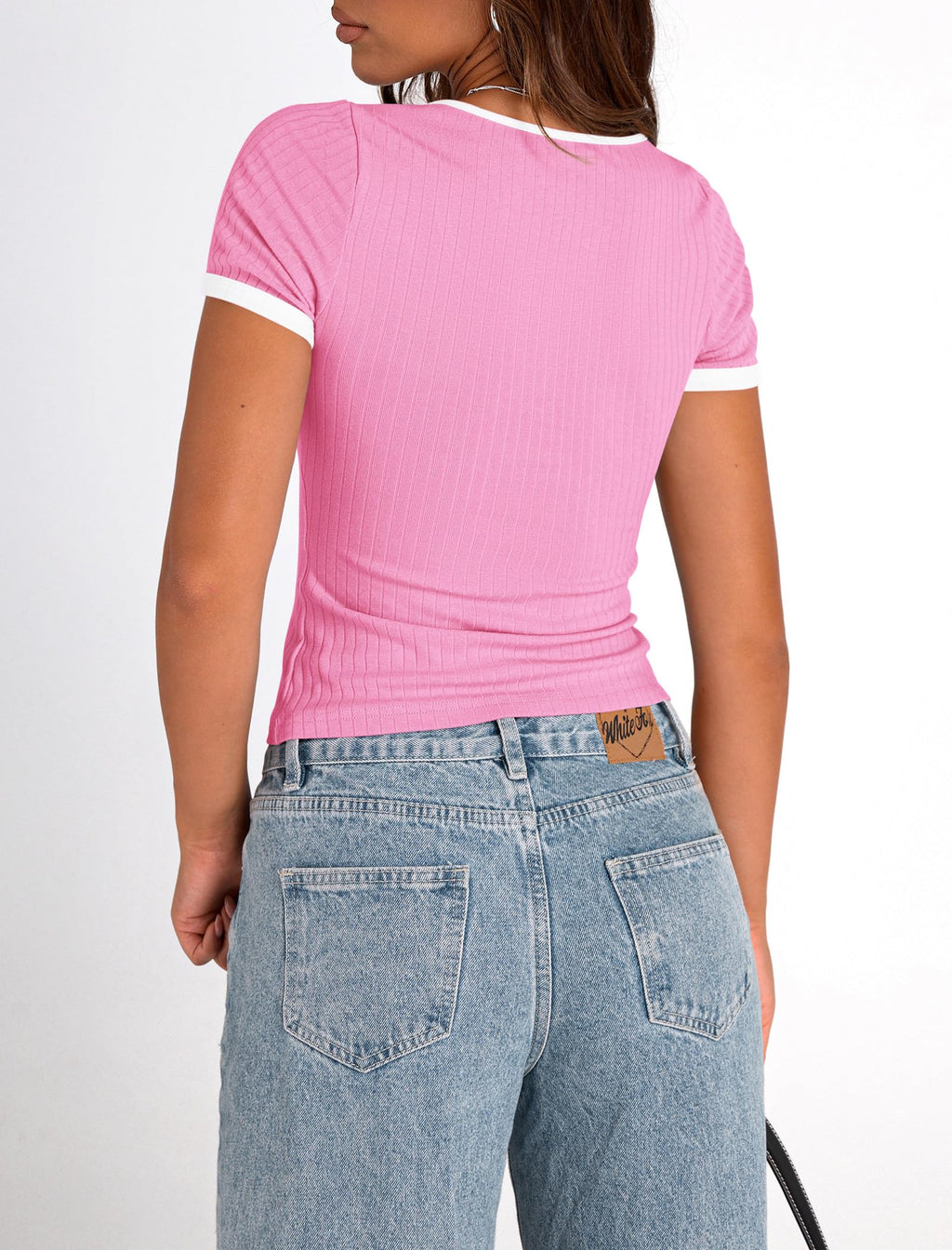 PRETTYGARDEN Women's Summer Short Sleeve T Shirts Ribbed Knit Square Neck Color Block Slim Fit Basic Casual Crop Tops Blouses