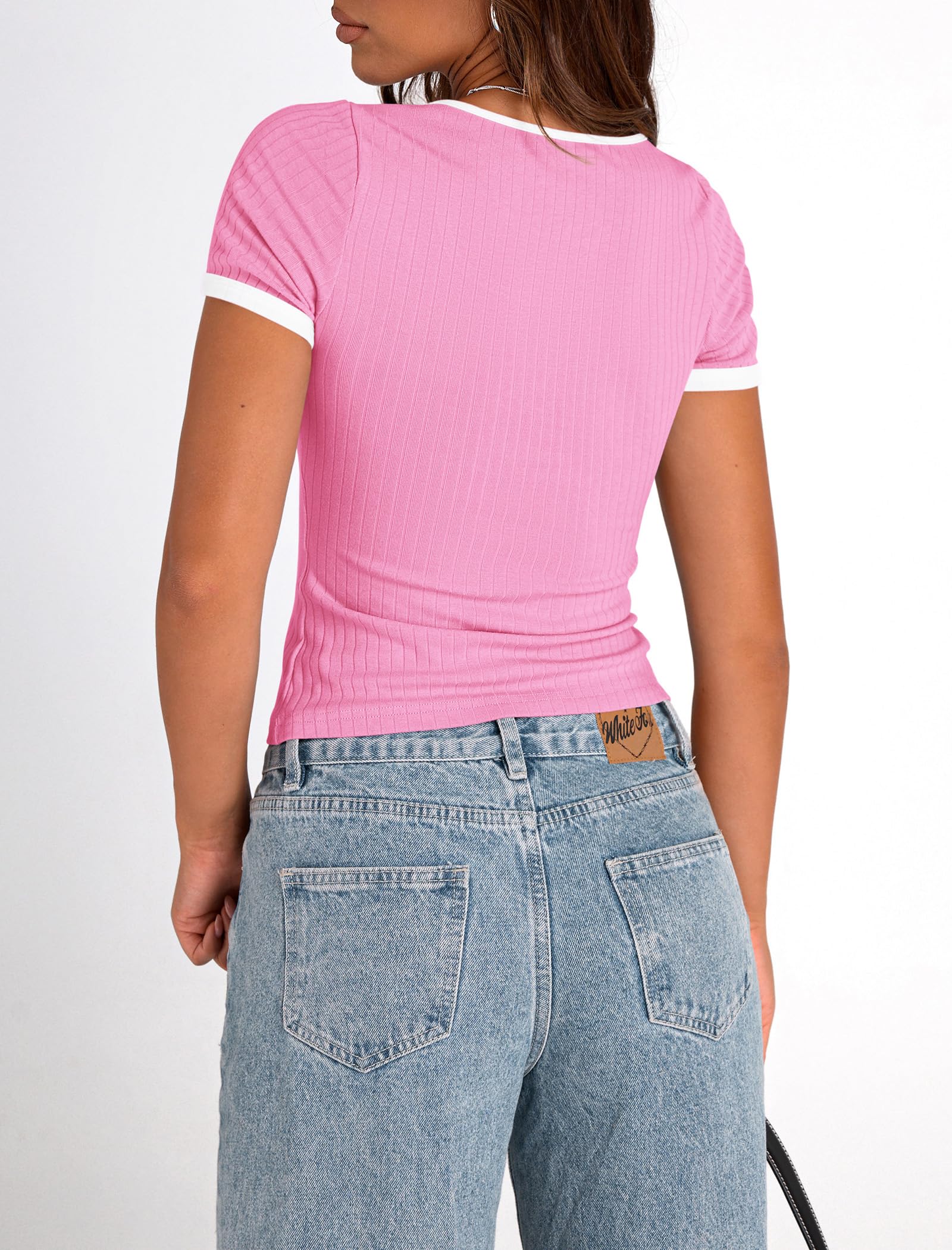 PRETTYGARDEN Women's Summer Short Sleeve T Shirts Ribbed Knit Square Neck Color Block Slim Fit Basic Casual Crop Tops Blouses