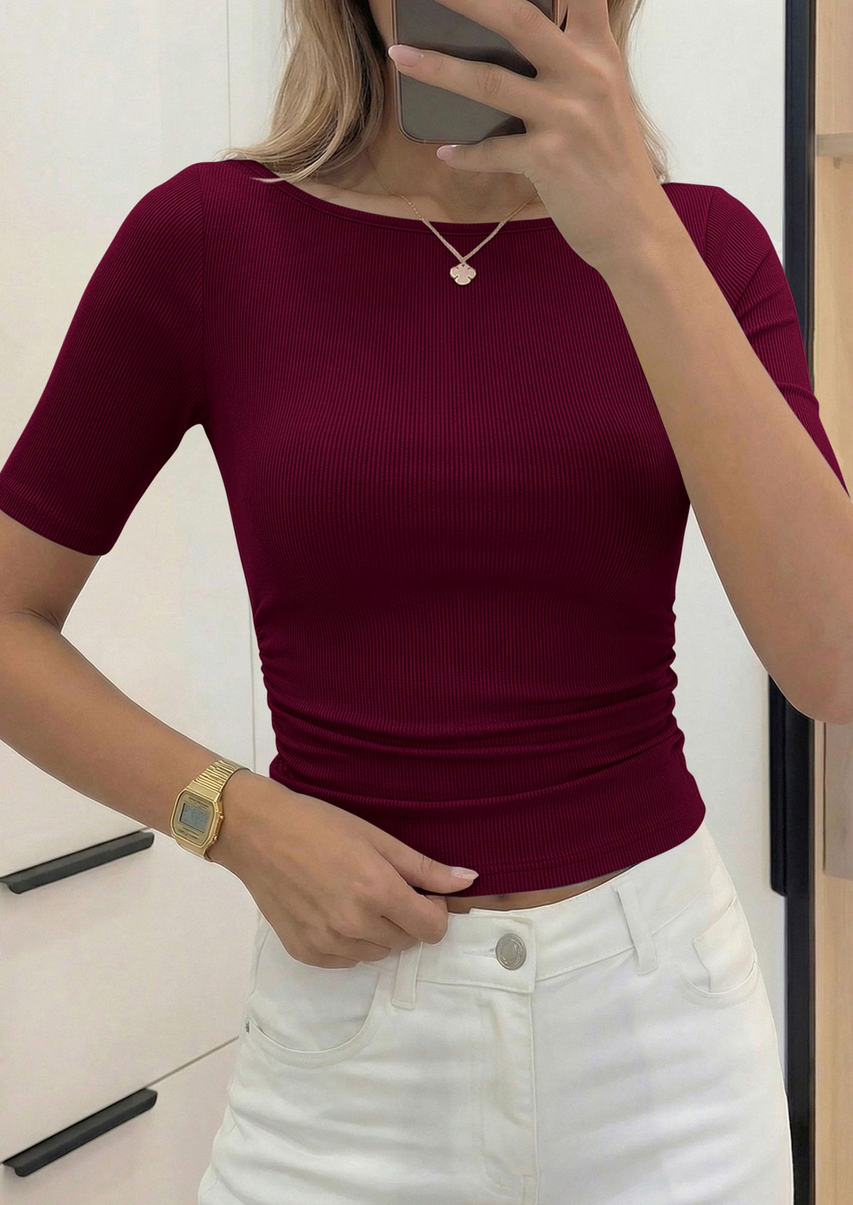 PRETTYGARDEN Womens Summer Short Sleeve Tops Boat Neck Ribbed Knit Slim Fit T Shirt Casual Basic Top Spring Clothes