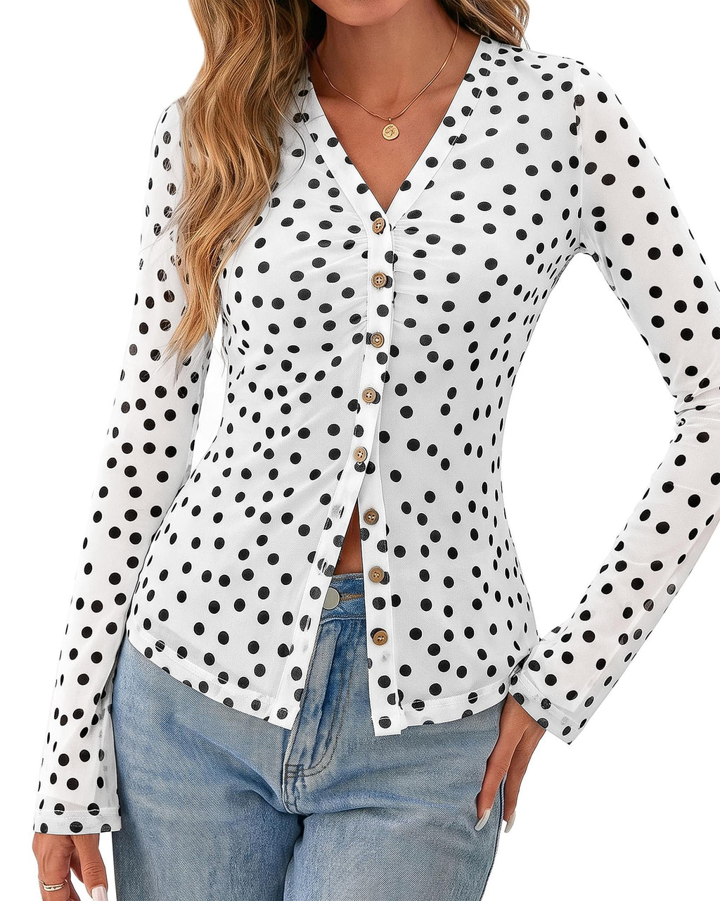 BTFBM Button Down Shirts for Women Spring Boho Tops V Neck Long Sleeve Blouses Ruched Mesh Fitted Fall Fashion
