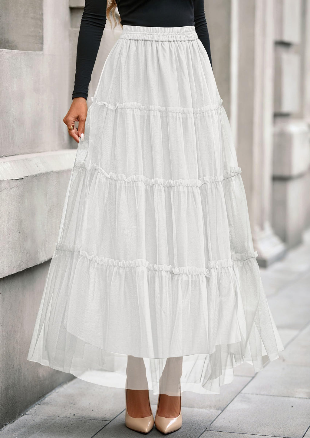 PRETTYGARDEN Tulle Skirts for Women Fall Fashion Elastic High Waisted Fairy Tiered Flowy A-Line Casual Maxi Long Skirt