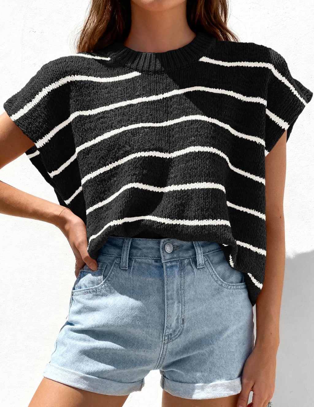 PRETTYGARDEN Womens Summer Short Sleeve Tops Trendy Crew Neck Striped Knit Sweater Business Casual Spring Clothes