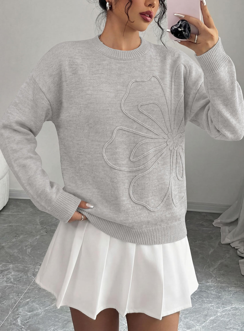 PRETTYGARDEN Women Fall Sweaters Trendy Floral Knit Pullover | Flower Embroidered Tops, Crew Neck, Soft Long Sleeve Shirts, Cozy Winter Layering Clothes for Casual Outing, Holiday Party
