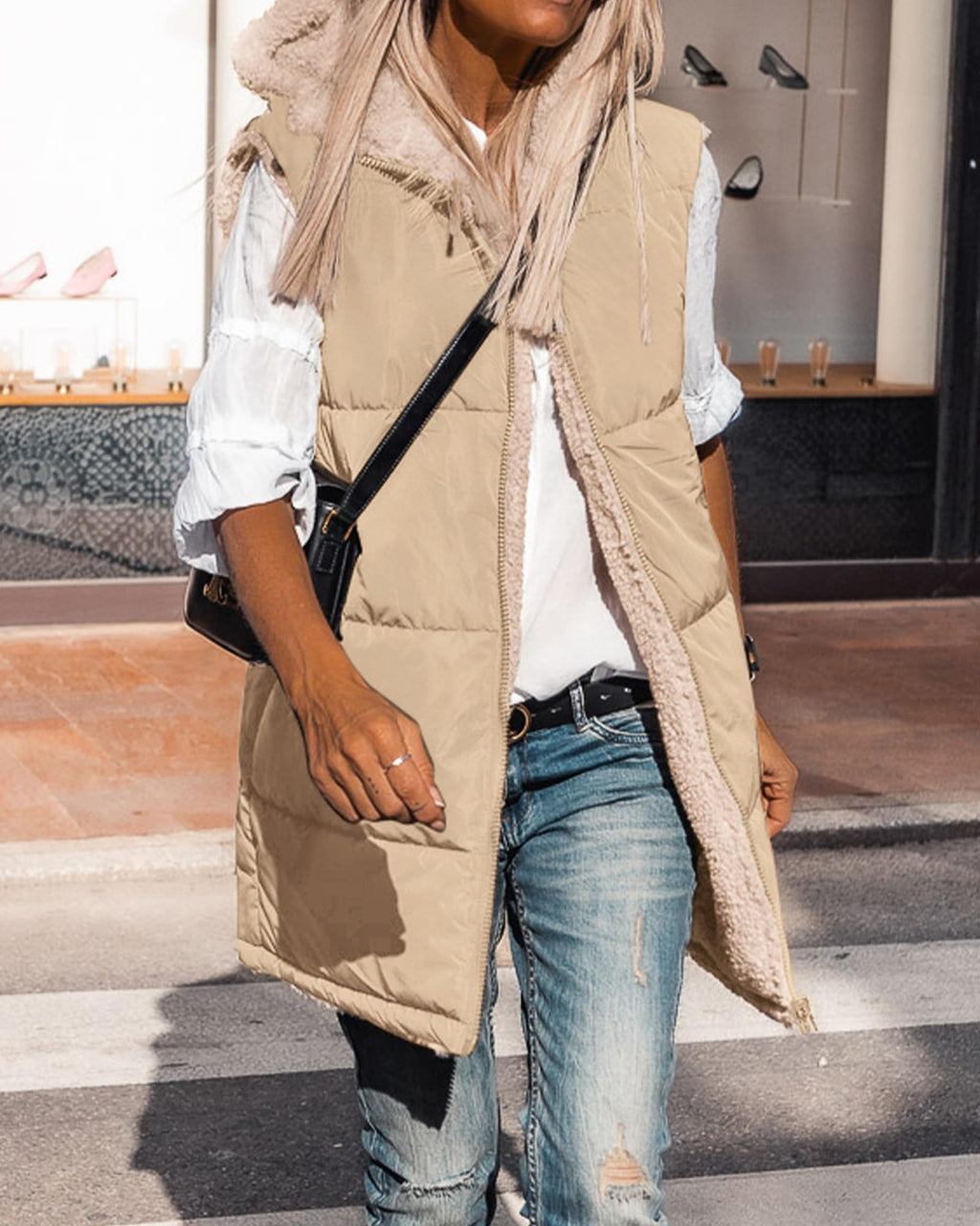BTFBM Long Puffer Vest Women Fleece Sherpa Jacket Sleeveless Hooded Reversible Zip Up Winter Coat Fall Vests Outerwear