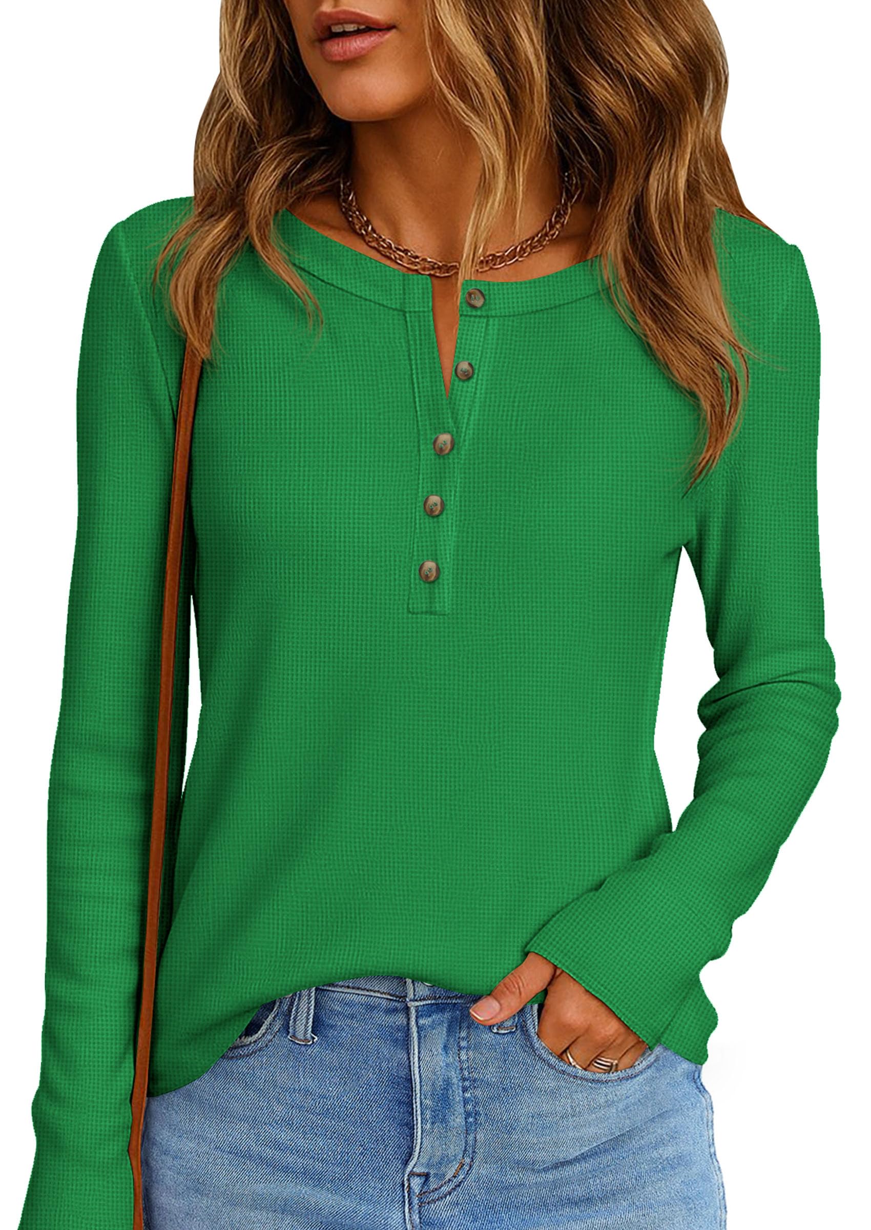 PRETTYGARDEN Women's Long Sleeve Waffle Knit Shirts Fall Casual Button Up Henley V Neck Tunic Tops Loose Fit Basic Tees