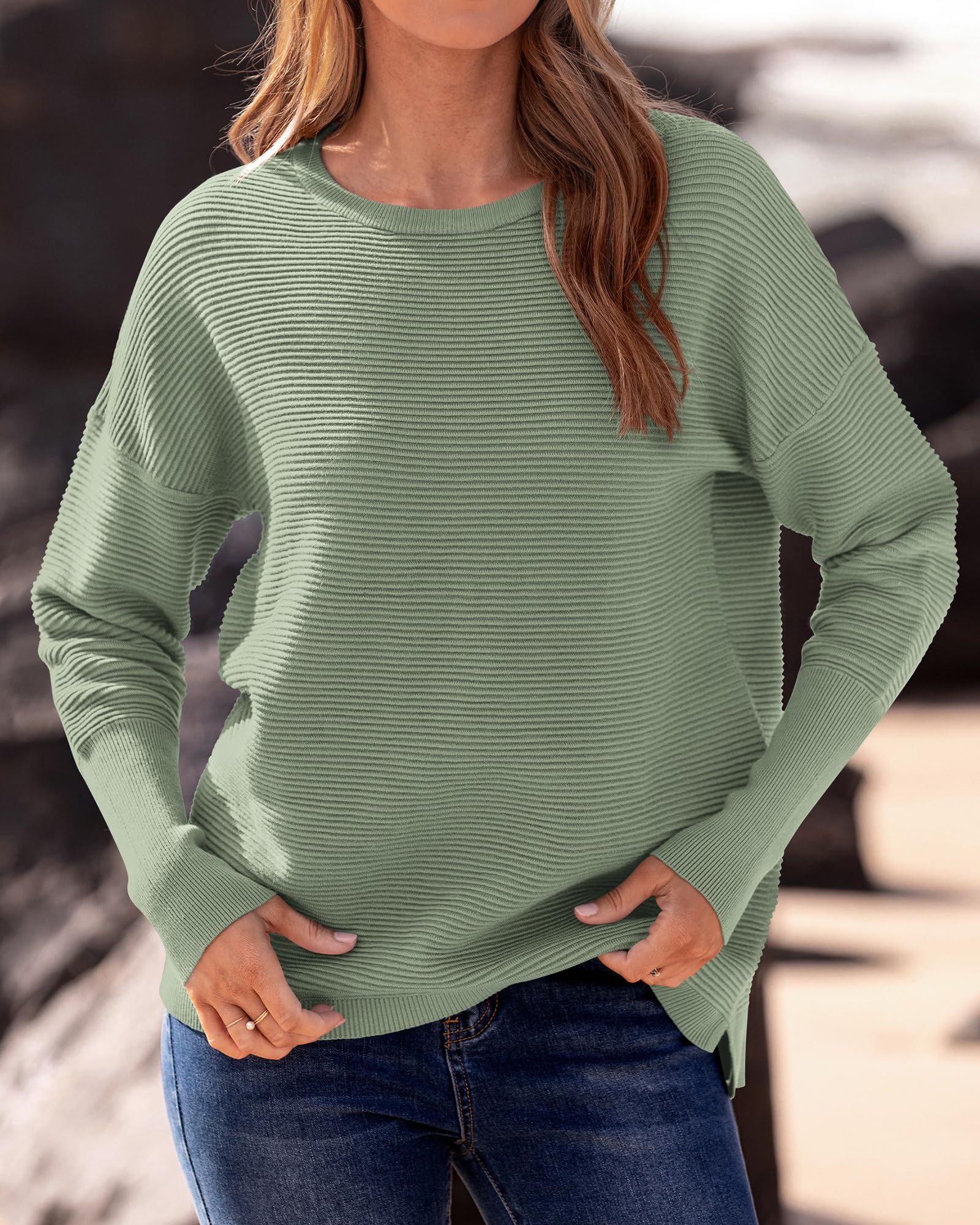 FreshPrettyFall Sweaters for Women Casual Long Sleeve Sweater Striped Loose Fit Pullover Tops