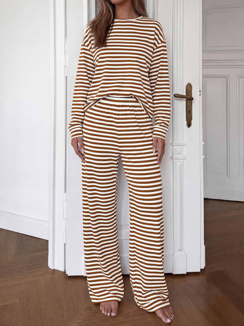 BTFBM Striped Lounge Set Sweatsuits Women 2 Piece Outfit | Womens Pajama Sets, Crew Neck Sweatshirt and Wide Leg Pants, Pockets, Airport, Travel, Vacation Outfits, Fall Winter Clothes