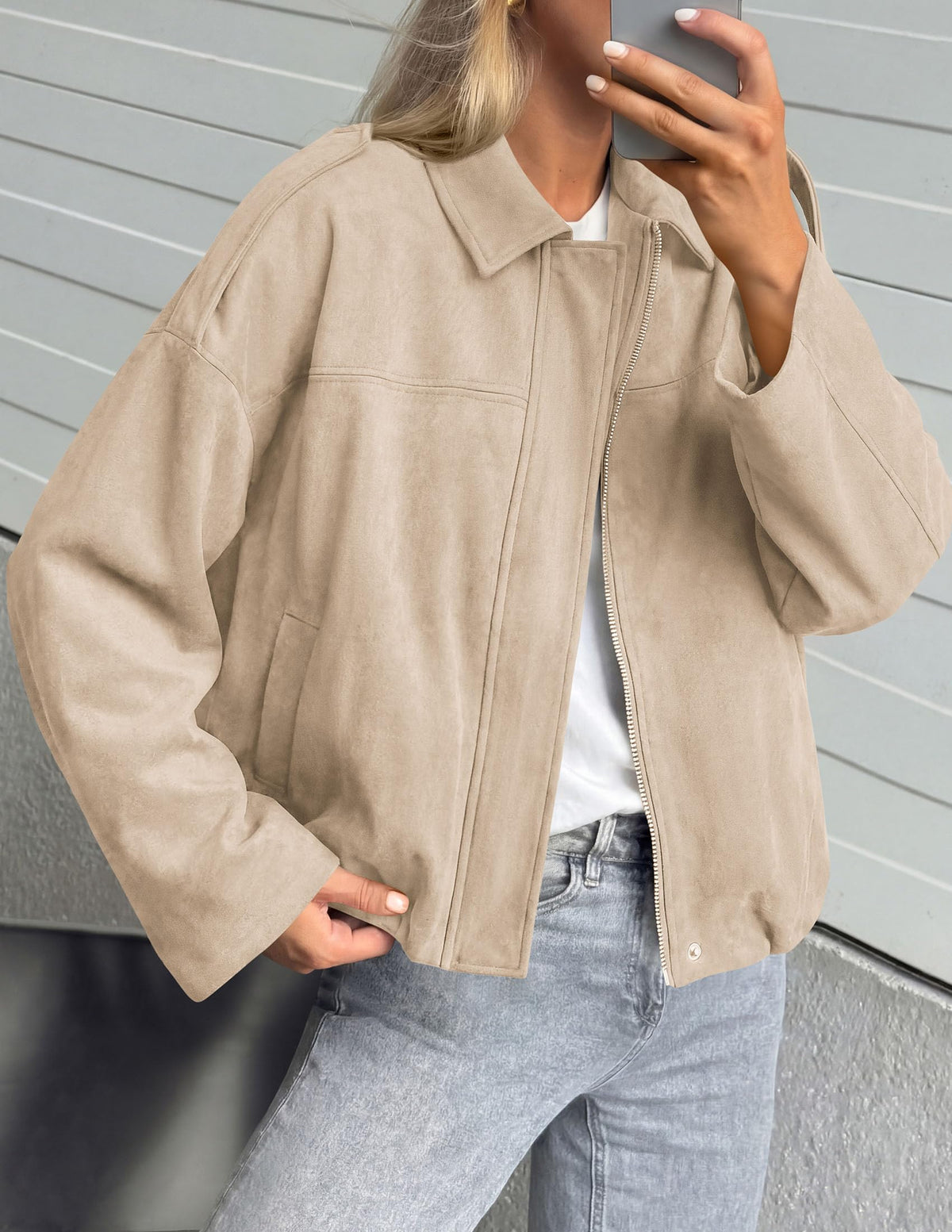 PRETTYGARDEN Women's Faux Suede Cropped Bomber Jacket | Long Sleeve Zip Up Casual Going Out Jackets Coat, Oversized Loose Fit Western Outfits, Trendy Outerwear, Fall Clothes