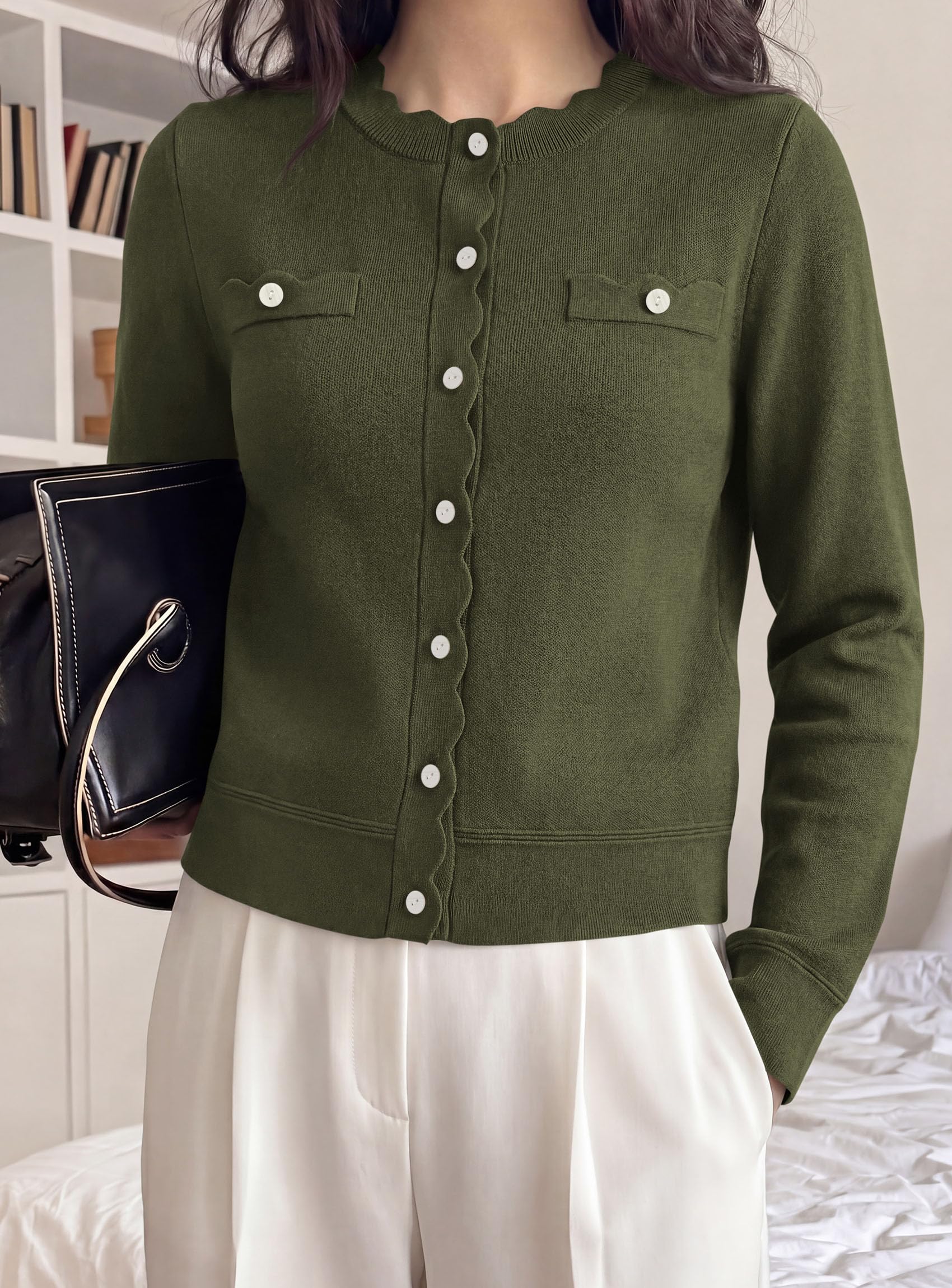 PRETTYGARDEN Cardigan Sweaters for Women Scalloped Button Up Fall Outfits Soft Knit Long Sleeve Knit Tops,Crew Neck,Business Casual Outfits,Office Work Lightweight Sweater,Layers Clothes