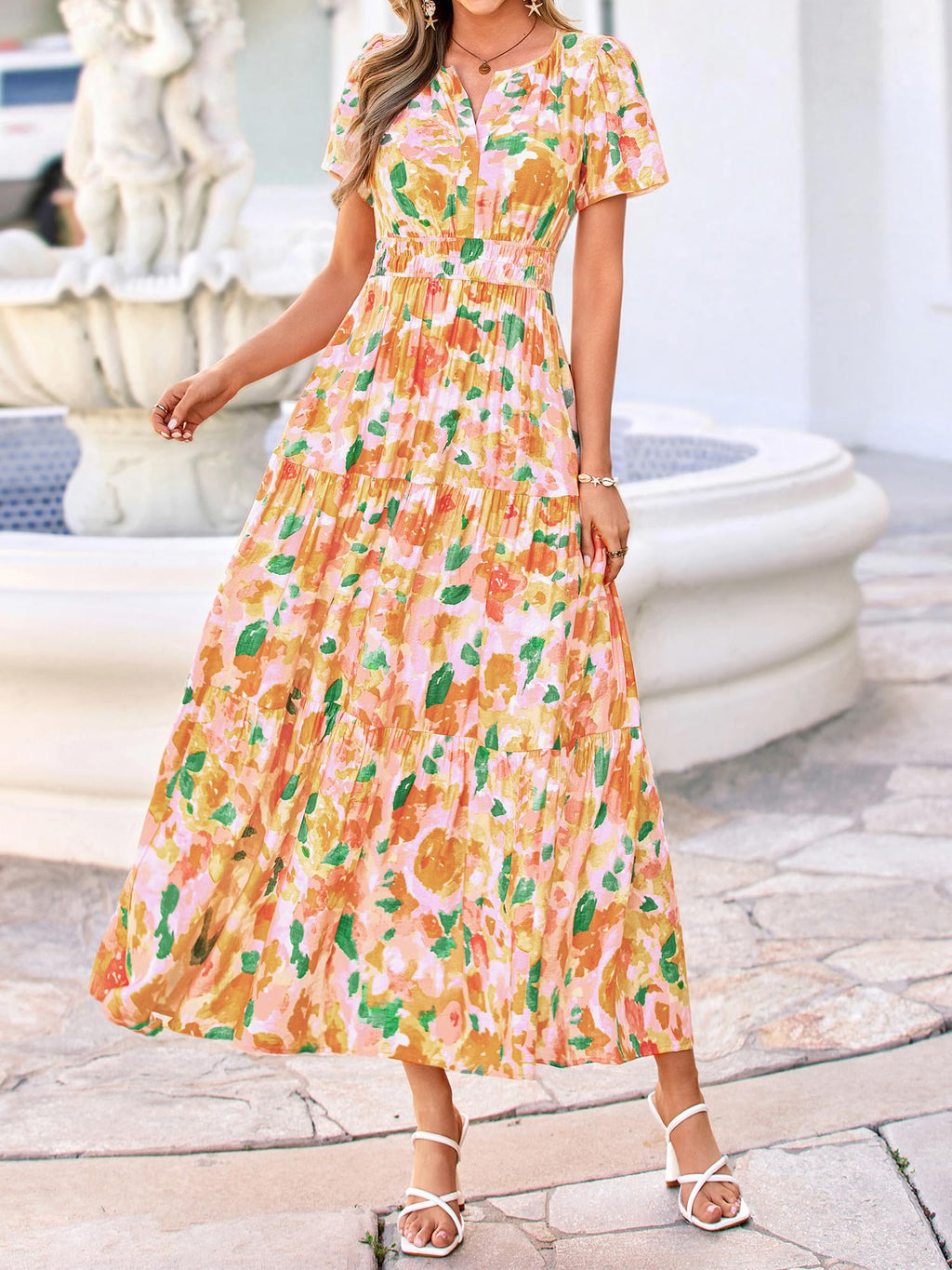 BTFBM Womens Summer Floral Maxi Dresses V Neck Short Sleeve Boho Casual Flowy Long Wedding Guest Dress Beach Vacation