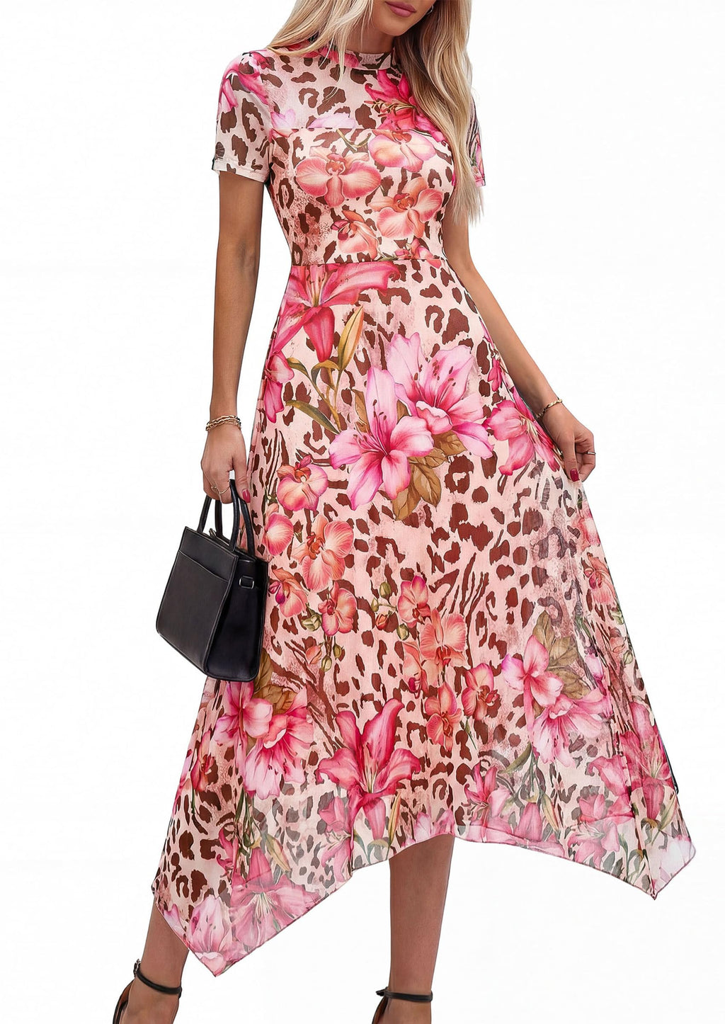 PRETTYGARDEN Cocktail Dresses for Women  Summer Short Sleeve Floral Mesh Sheer Midi Party Wedding Guest Dress
