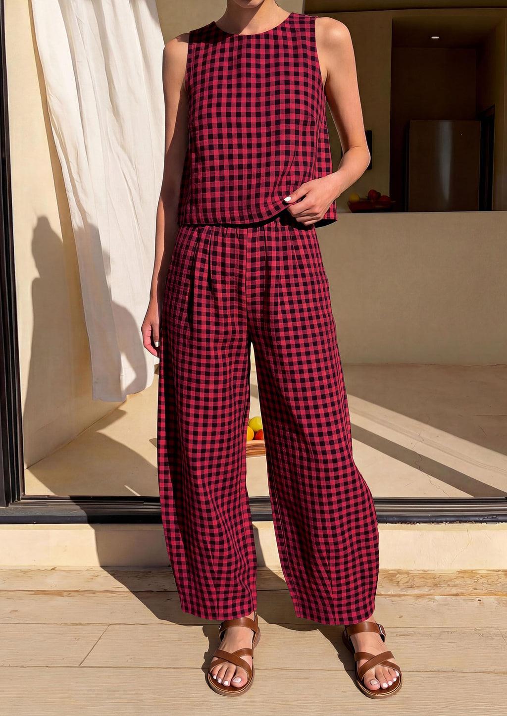 PRETTYGARDEN Womens 2 Piece Sets Summer Plaid Sleeveless Tops Wide Leg Pants Matching Lounge Set Beach Vacation Outfits