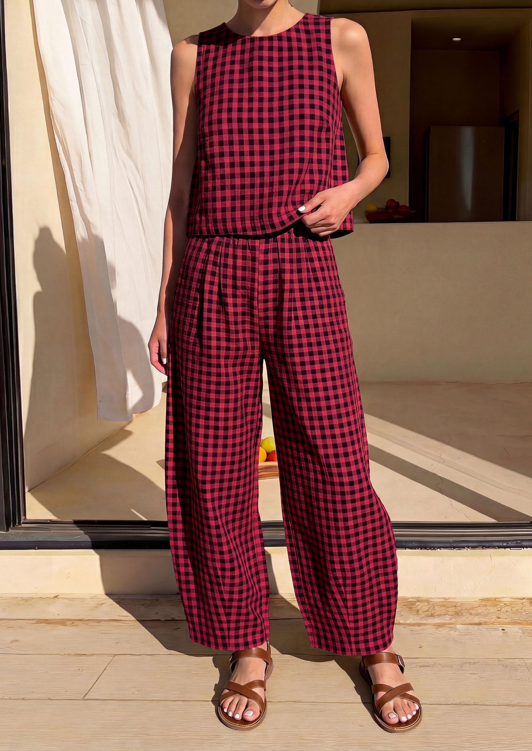 PRETTYGARDEN Womens 2 Piece Sets Summer Plaid Sleeveless Tops Wide Leg Pants Matching Lounge Set Beach Vacation Outfits