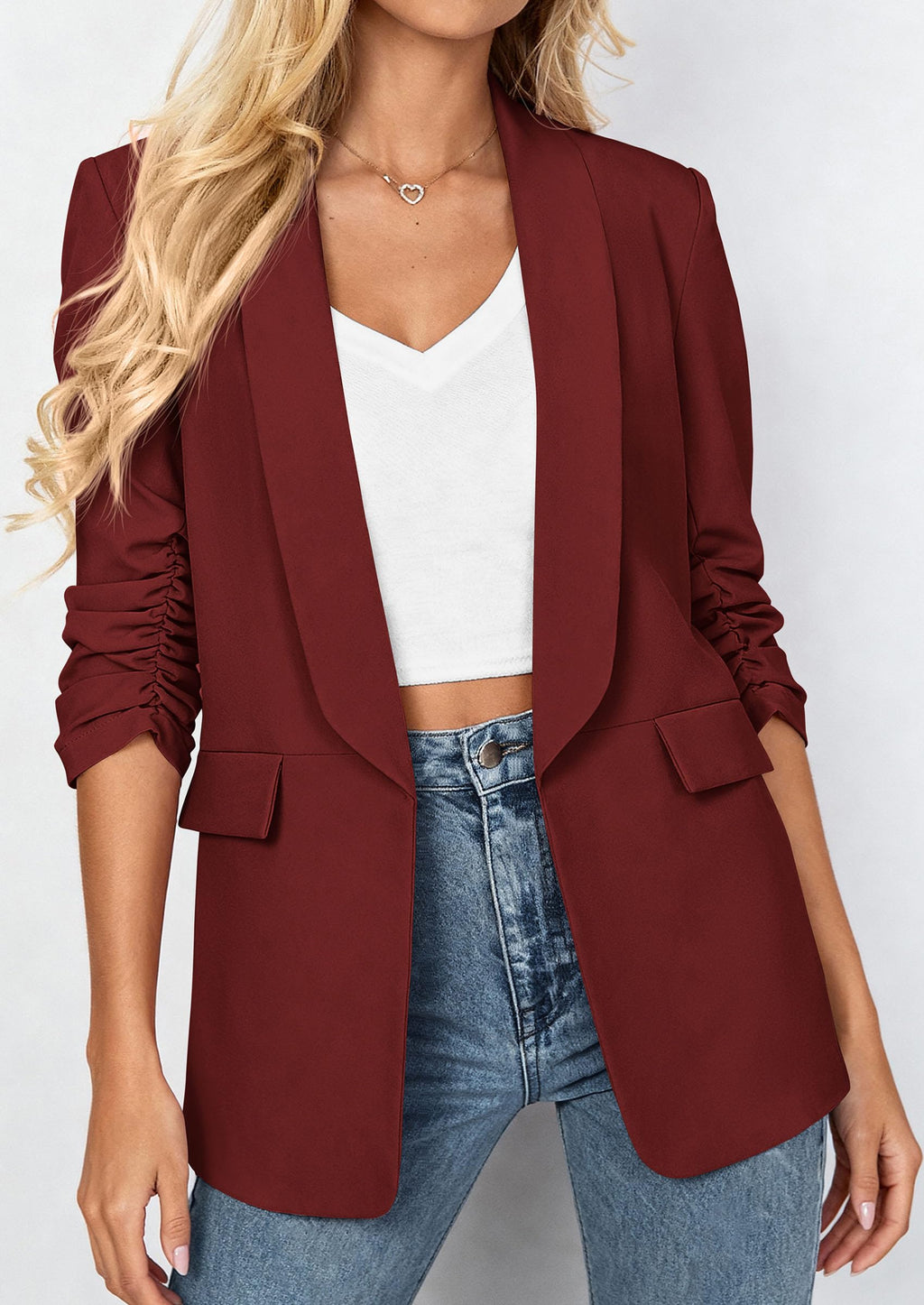 PRETTYGARDEN Women's Summer Blazers Business Casual Outfits | Ruched 3/4 Sleeve,Shawl Lapel,Collared Open Front,Padded Shoulder,Lightweight Jackets,Office Work Suits,Spring Fall Clothes