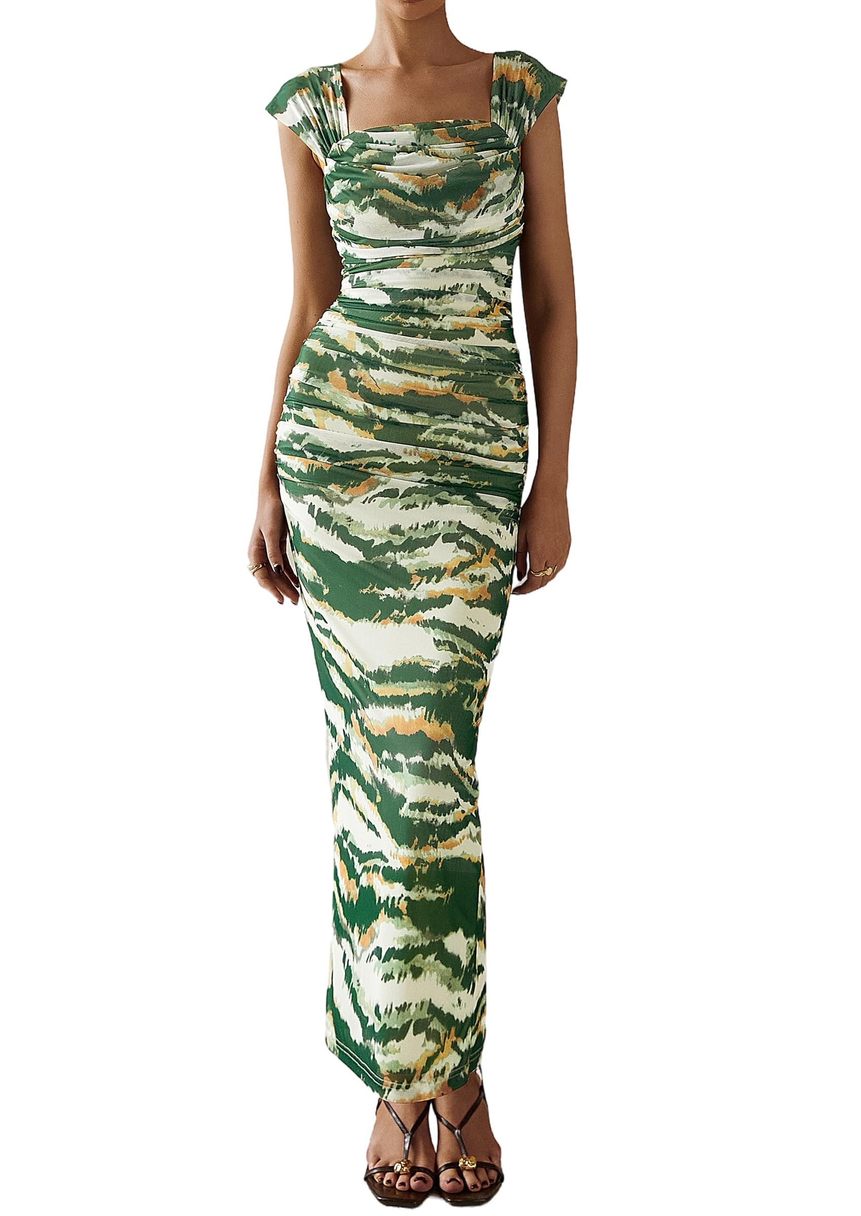 PRETTYGARDEN Cocktail Dresses for Women Summer Floral Off Shoulder Ruched Mesh Elegant Wedding Guest Maxi Dress