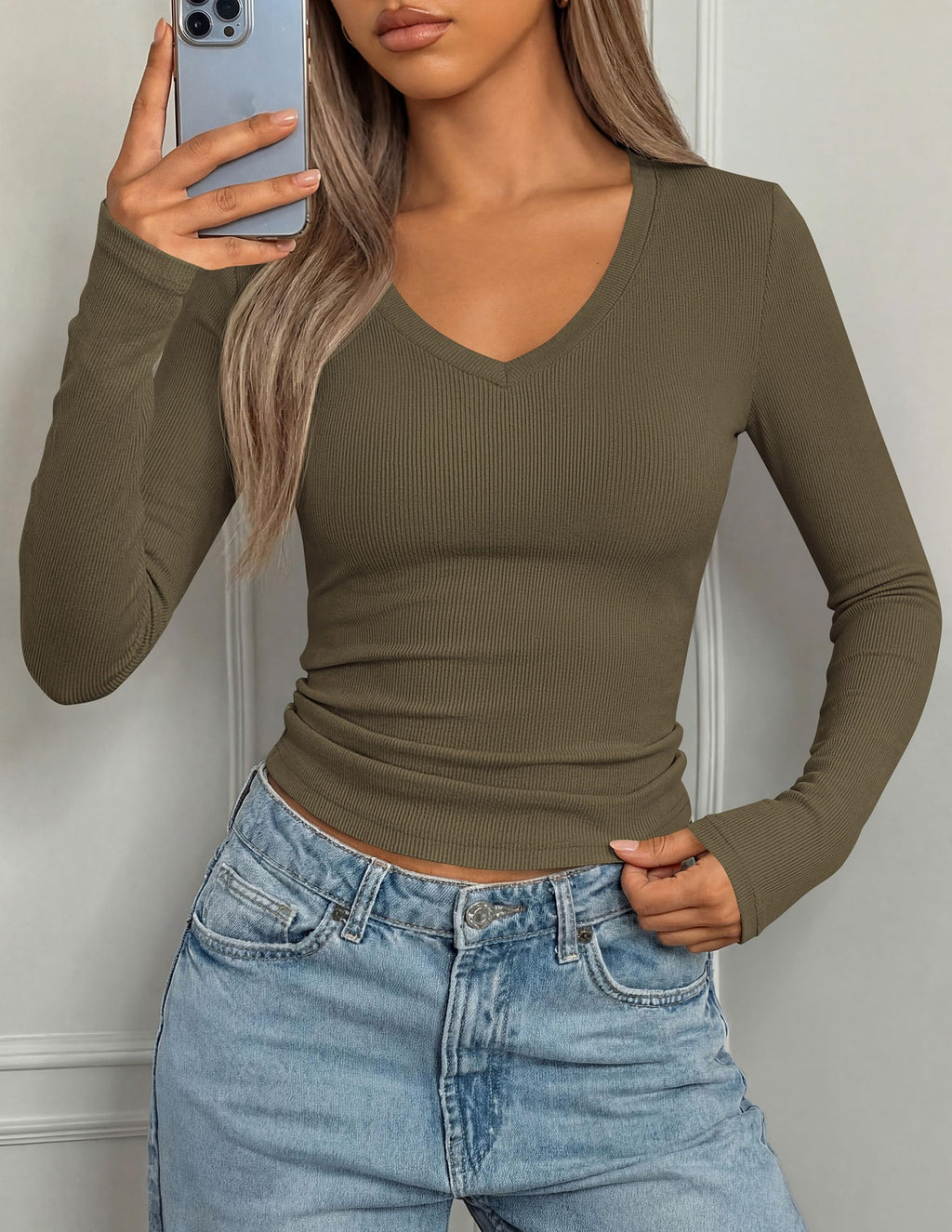 PRETTYGARDEN Long Sleeve Shirts for Women Fall V Neck Basic Tee Casual Fitted Ribbed Going Out Tops Kint Y2K Clothes