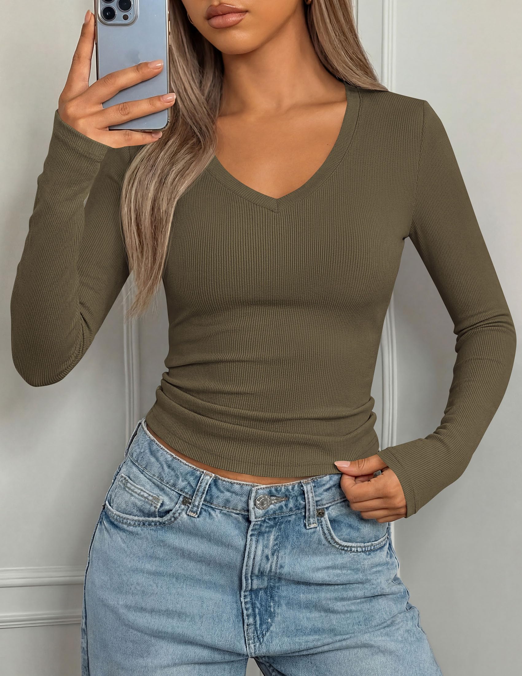PRETTYGARDEN Long Sleeve Shirts for Women Fall V Neck Basic Tee Casual Fitted Ribbed Going Out Tops Kint Y2K Clothes