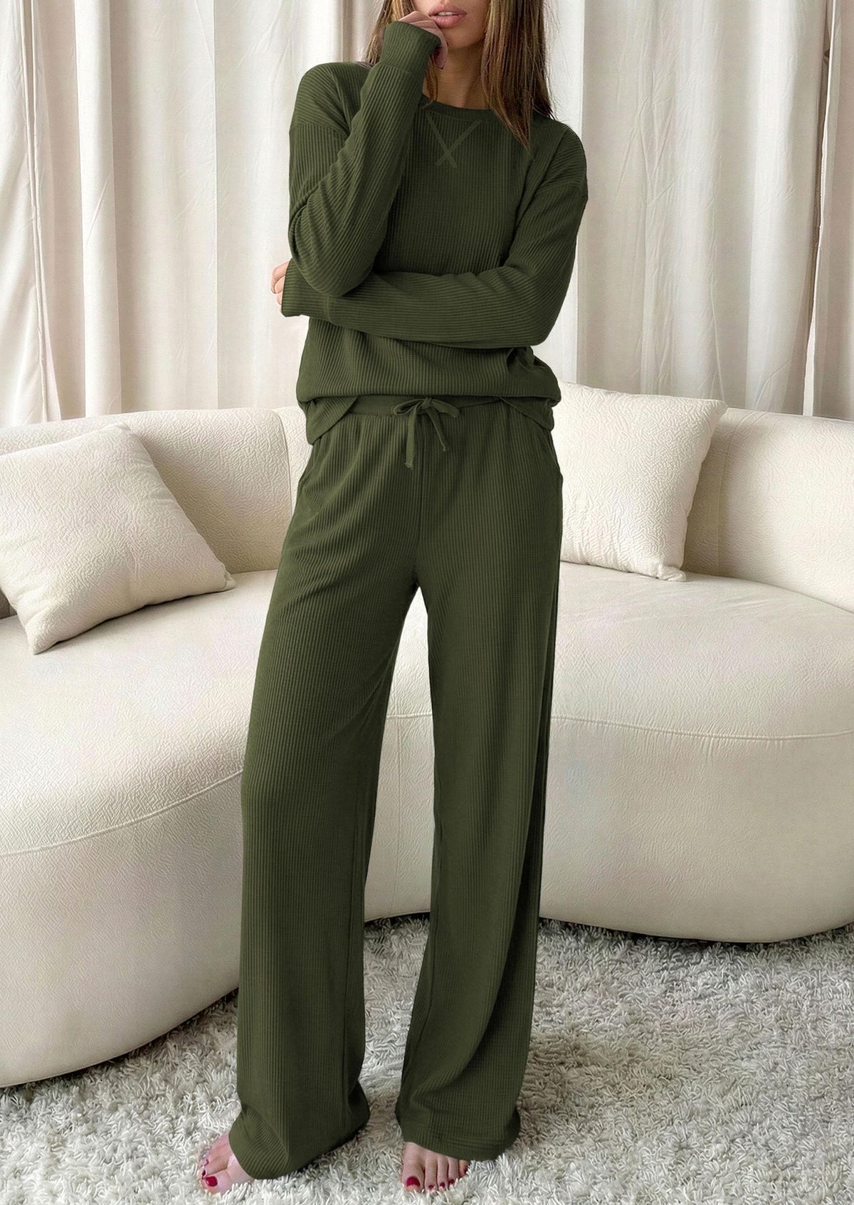 PRETTYGARDEN Sweatsuits Women 2 Piece Airport Travel Outfits | Ribbed Knit Lounge Sets, Casual Athleisure Wear, Matching Long Sleeve Shirts & Wide Leg Pants Pockets, Fall Winter Clothes