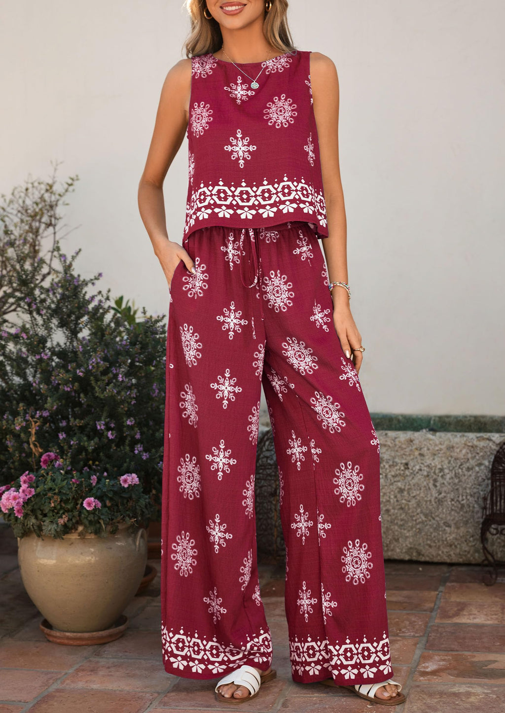 PRETTYGARDEN Women's Summer 2 Piece Lounge Sets Boho Floral Tank Tops Flowy Wide Leg Pants Travel Beach Vacation Outfits
