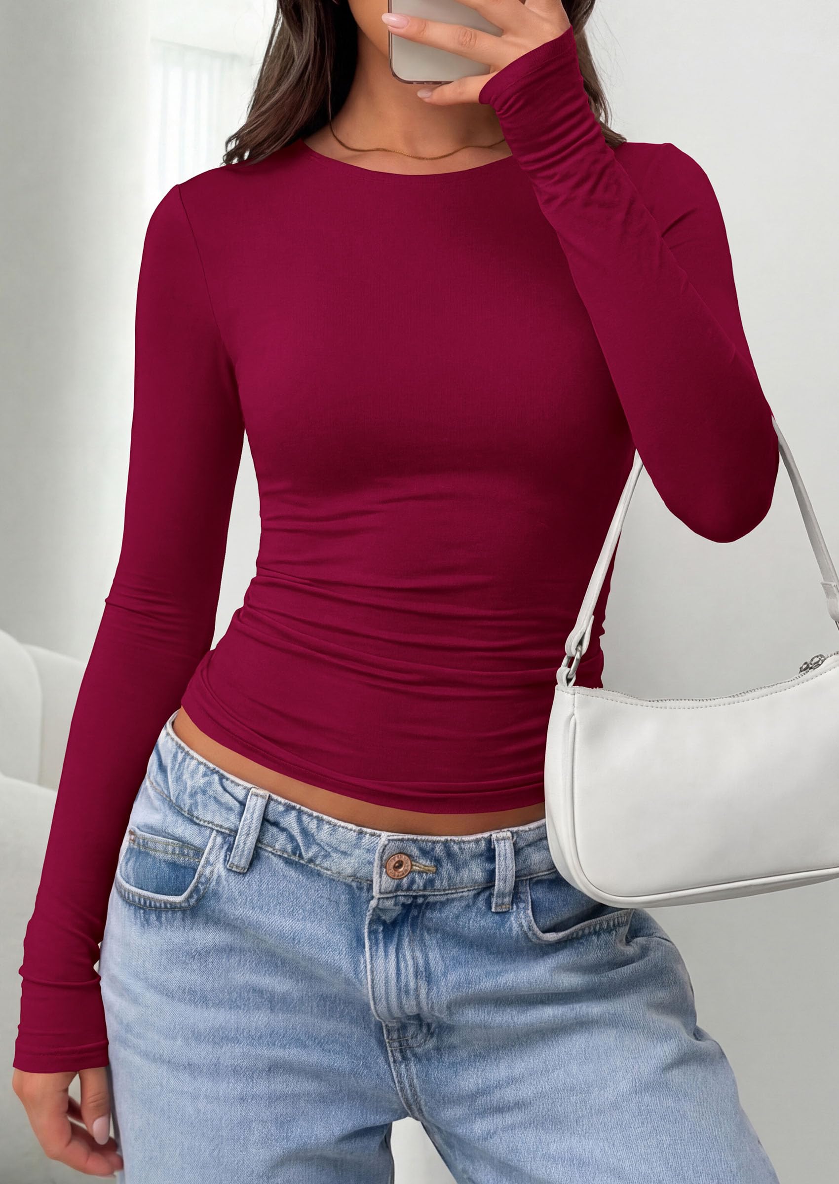 PRETTYGARDEN Long Sleeve Shirts for Women  Fall Casual Crewneck Tight Slim Fit Layering Basic T Shirt Going Out Tops