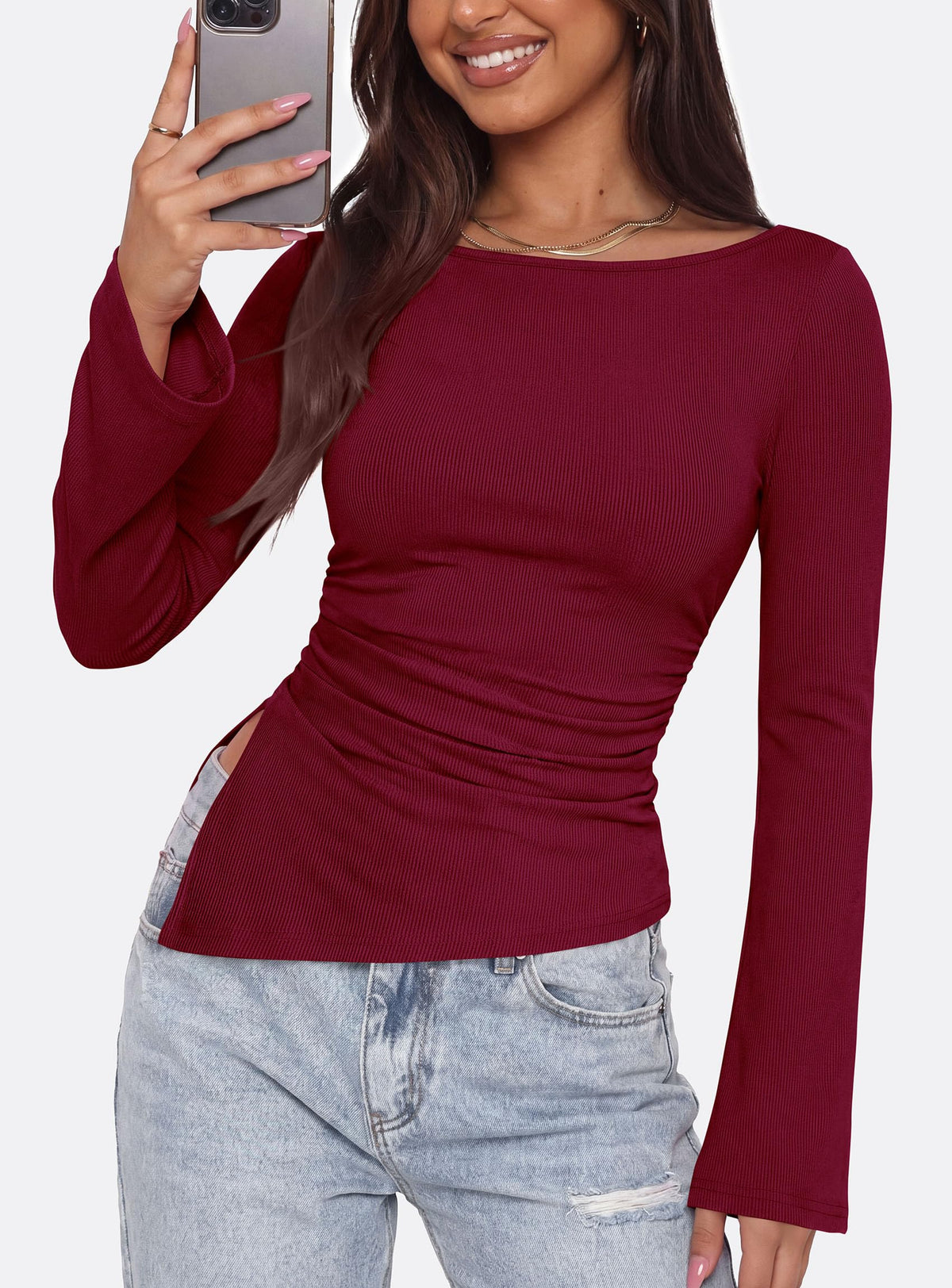 PRETTYGARDEN Women's Bell Long Sleeve Shirts Fall Boat Neck Ruched Asymmetrical Going Out Tops Ribbed Y2K Clothes