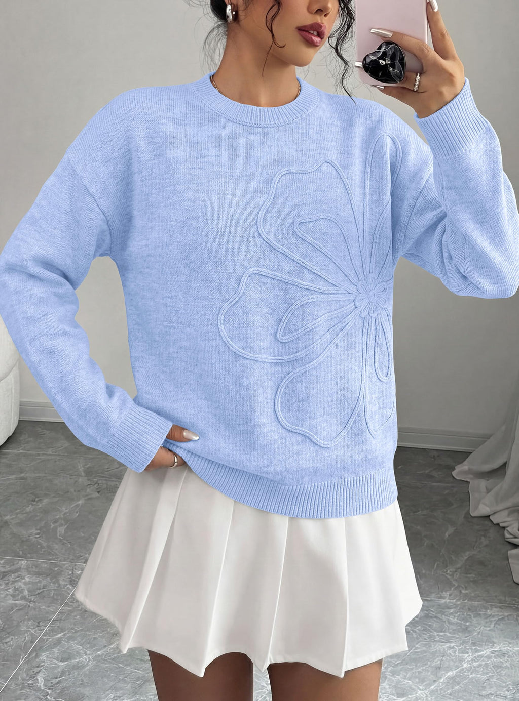PRETTYGARDEN Women Fall Sweaters Trendy Floral Knit Pullover | Flower Embroidered Tops, Crew Neck, Soft Long Sleeve Shirts, Cozy Winter Layering Clothes for Casual Outing, Holiday Party