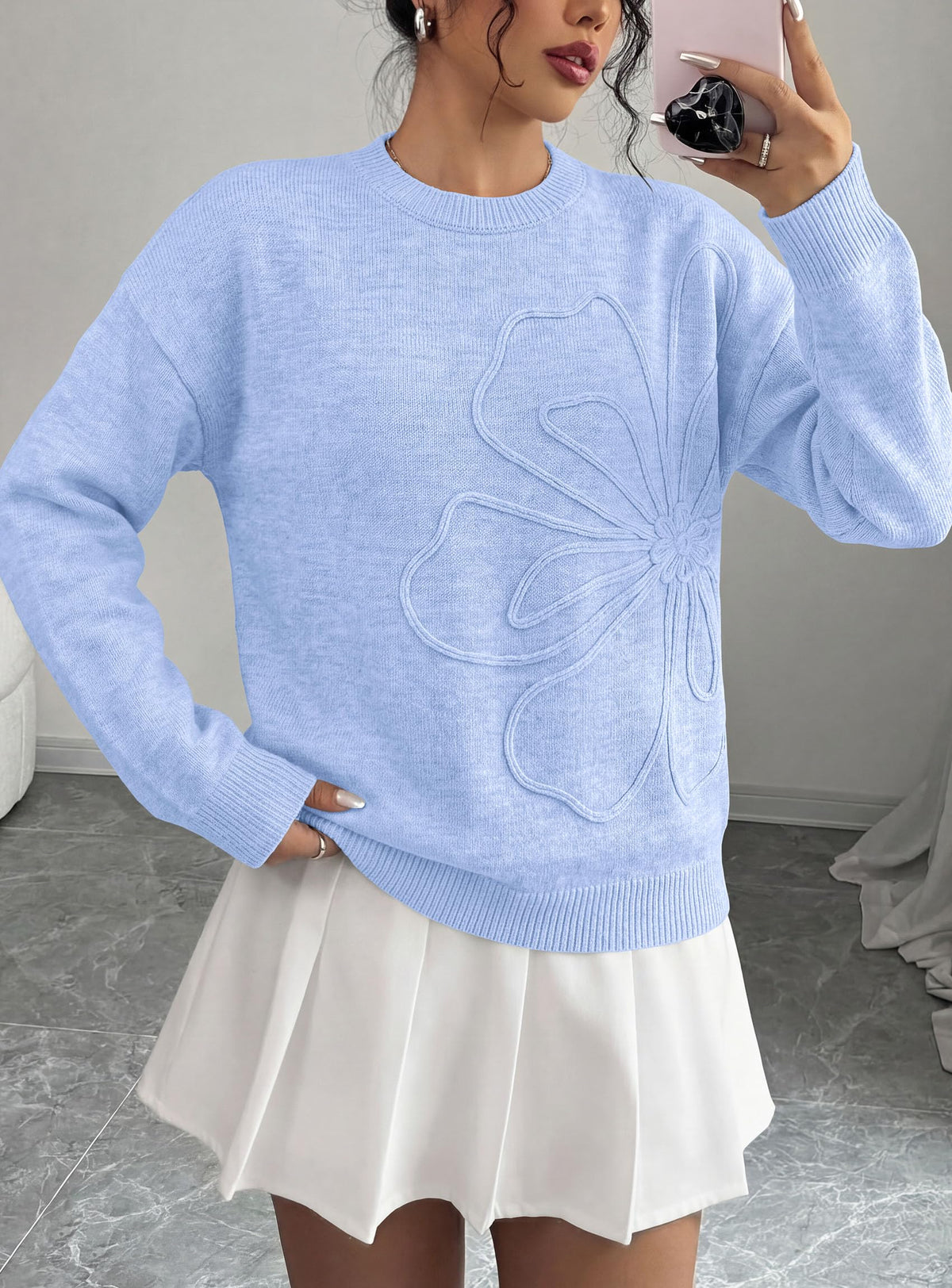PRETTYGARDEN Women Fall Sweaters Trendy Floral Knit Pullover | Flower Embroidered Tops, Crew Neck, Soft Long Sleeve Shirts, Cozy Winter Layering Clothes for Casual Outing, Holiday Party