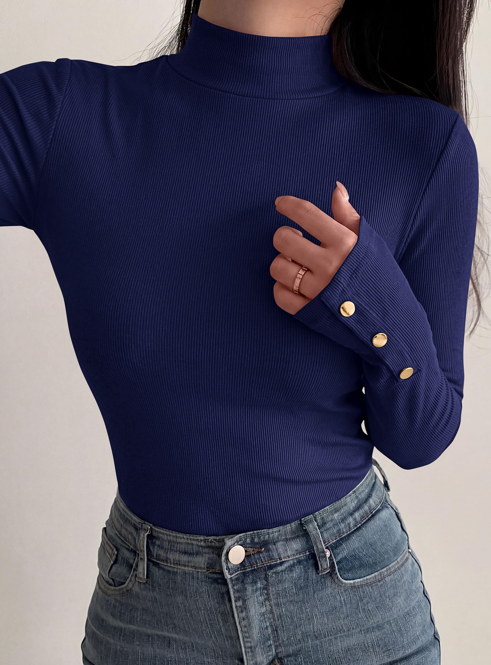 PRETTYGARDEN Women's Ribbed Mock Neck Long Sleeve Tops | Slim Fitted T-Shirts, Soft Stretch, Decorative Buttons, Going Out Work Casual Wear, Fall Outfits Layering Winter Clothes