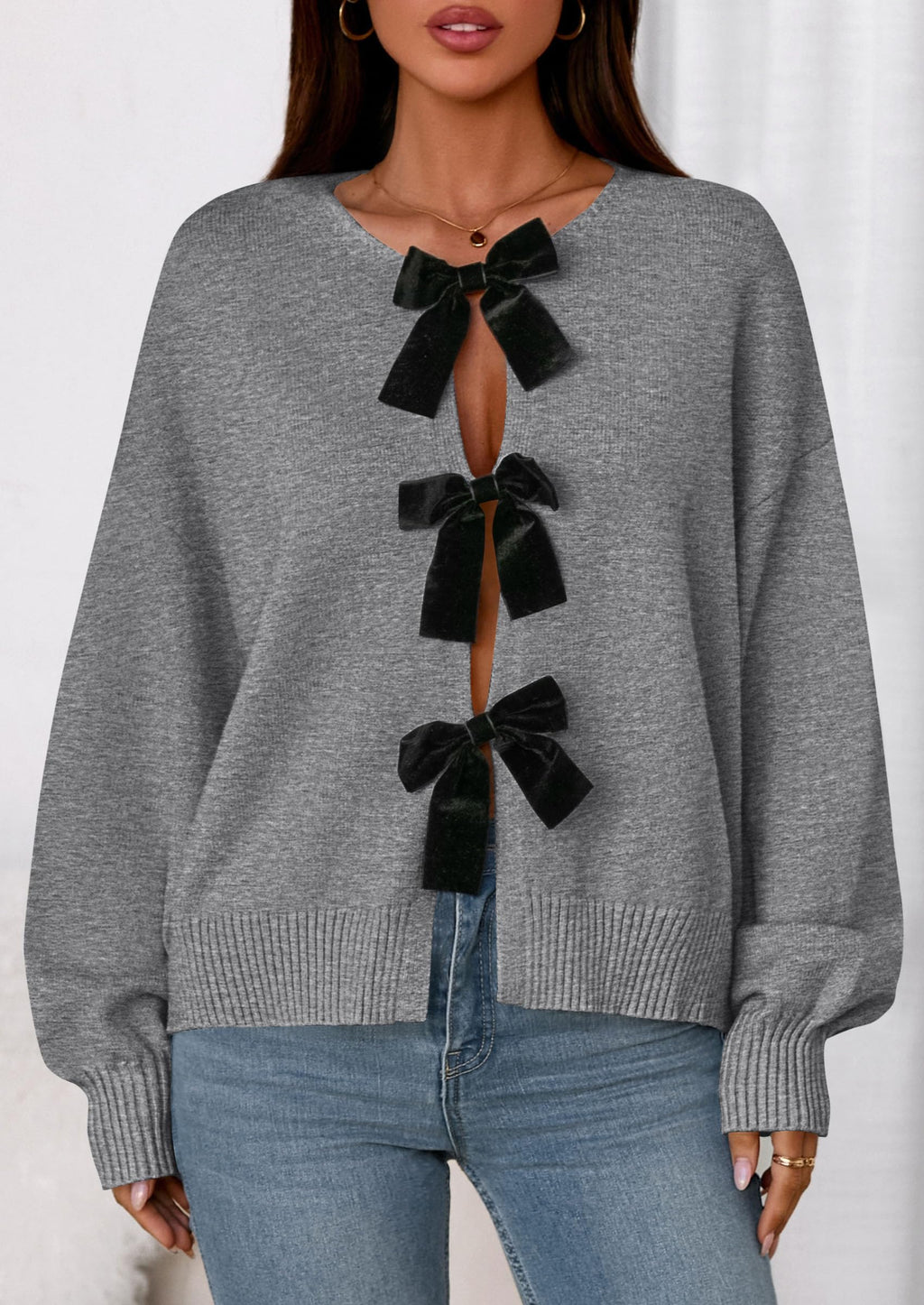 PRETTYGARDEN Cardigan Sweaters for Women Fall Fashion Bow Tie Front Long Sleeve Knit Sweater Tops Cute Winter Clothes