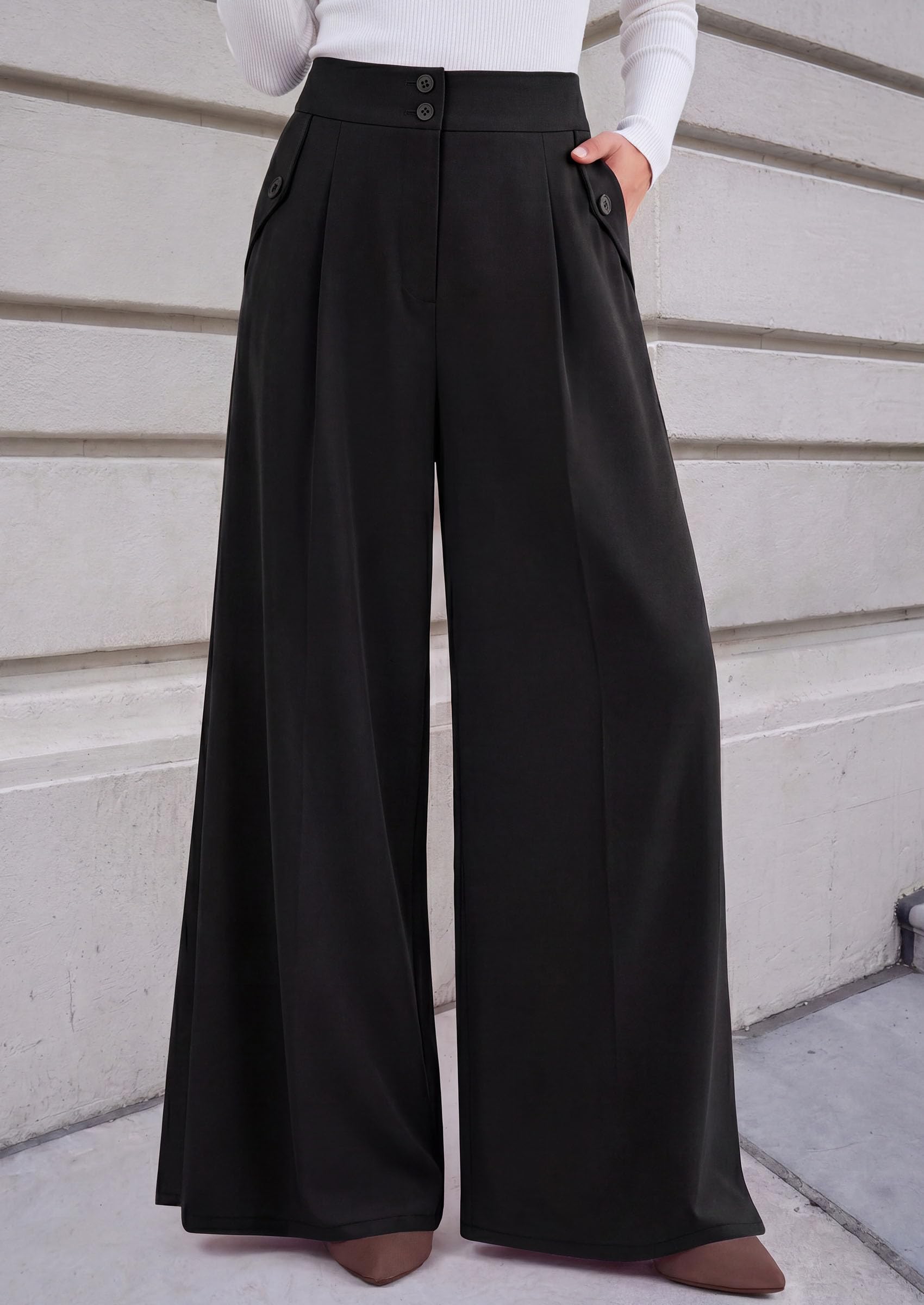PRETTYGARDEN Women's Wide Leg Work Dress Pants Trousers | Palazzo Pant with Pockets, Lightweight Flowy, High Elastic Waistband, Office Wear, Business Casual Outfits, Fashion Clothing