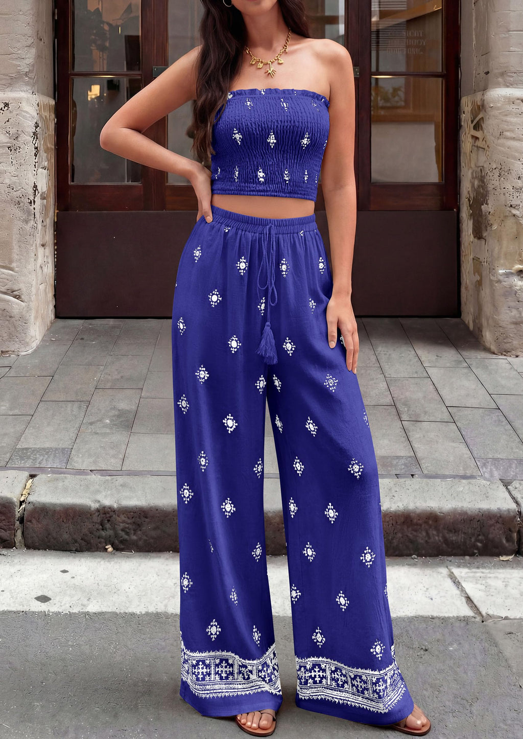 PRETTYGARDEN 2 Piece Sets for Women Summer  Travel Outfits Print Tube Tops Wide Leg Pants Beach Vacation Clothes